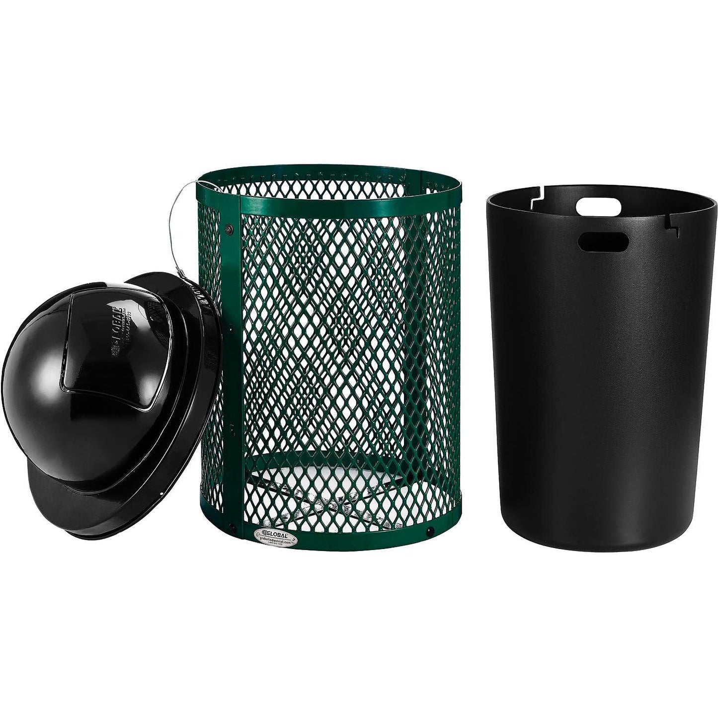 Global Industrial 36 Gallon Outdoor Steel Trash Can with Dome Lid, Plastic Liner and Anchor Kit Included, 23-1/2" Diameter x 40" H, Powder Coat Finish, Unassembled, Green