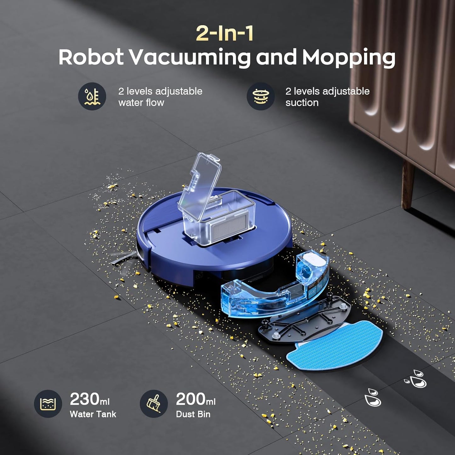 Robot Vacuum and Mop Combo, 2 in 1 Robotic Vacuums Cleaner with WiFi/App, Robot Vacuum with Water Tank, Strong Suction, Schedule, Self-Charging, Quiet, for Hard Floor, Pet Hair, Low Pile Carpet