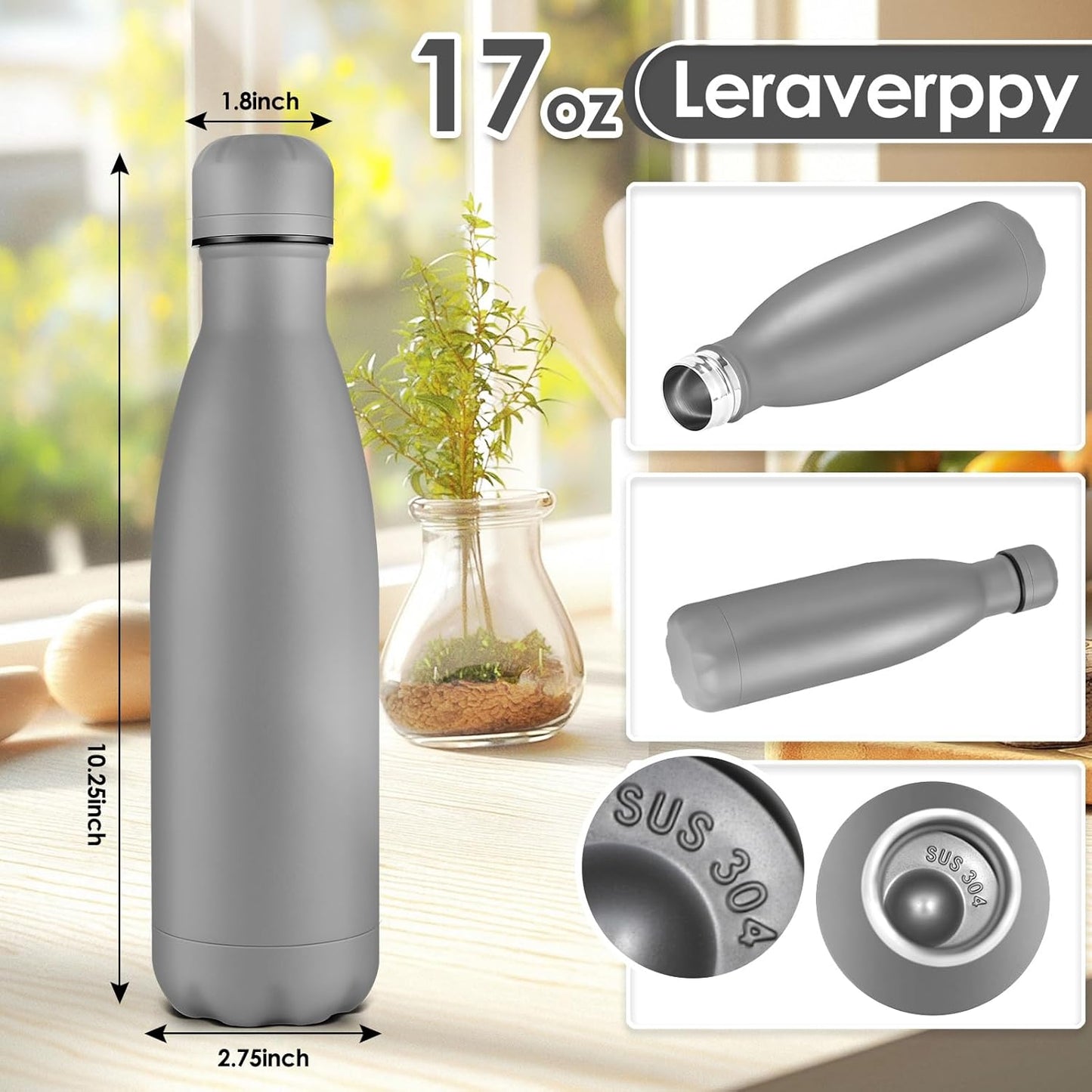 17oz Cola-Bottle Shaped Stainless Steel Leak-proof Water Bottle,Double Wall Vacuum Insulated Metal,Travel Mug For Sports Indoors & Outdoors,BPA-Free School Kids Flasks,Gray(8 Pack)