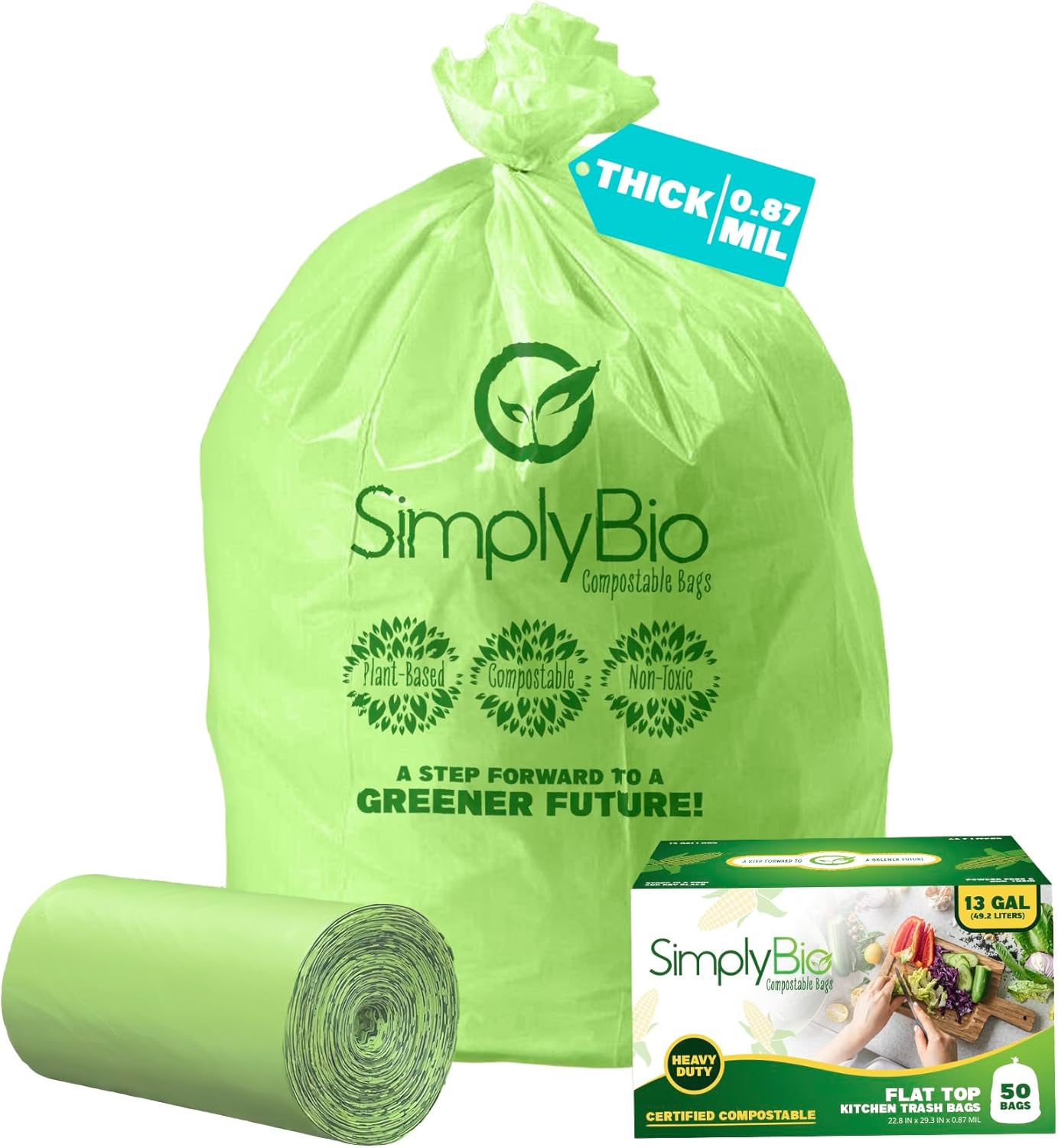 Simply Bio 13 Gallon Compostable Trash Bags Liners with Flat-Top, Thick 0.87 Mil, 49.21 Liter, 50 Bags, Tall Kitchen Food Scrap Waste Bag, ASTM D6400, US BPI and OK Compost Home Certified