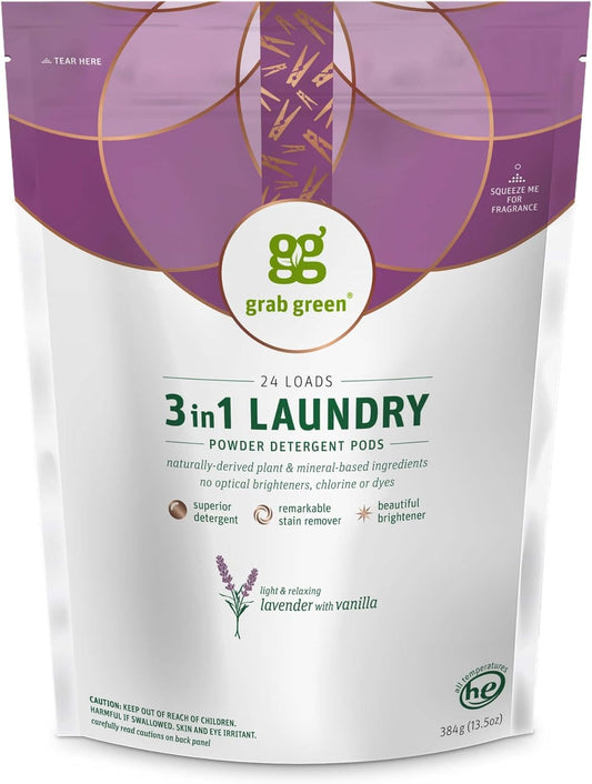 Grab Green 3-in-1 Laundry Detergent Pods, 24 Count, Lavender Vanilla Scent, Plant and Mineral Based, Superior Cleaning Power, Stain Remover, Brightens Clothes