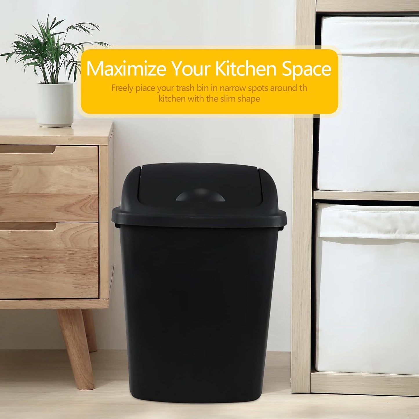 Zopnny 8 Gallon Plastic Swing Top Garag Bin, Lidded Wastebasket Trash Can for Kitchen or Workspace, Set of 4, Black