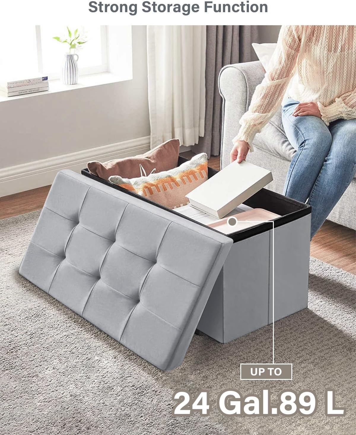 Folding Storage Ottoman, Velvet Storage Bench, Footrest, Removable Divider, for Living Room, Bedroom, 15 x 30 x 15 Inches, 660 lb Load Capacity, Dove Gray UASND01G