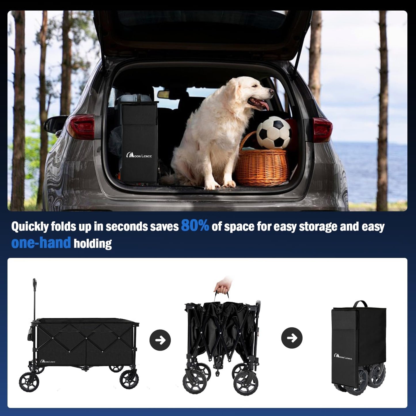 Moon Lence Large Collapsible Folding Wagon Cart Heavy Duty Folding Garden Portable Handy Cart with All-Terrain Beach Wheels, Adjustable Handle & Drink Holders (Black-New)