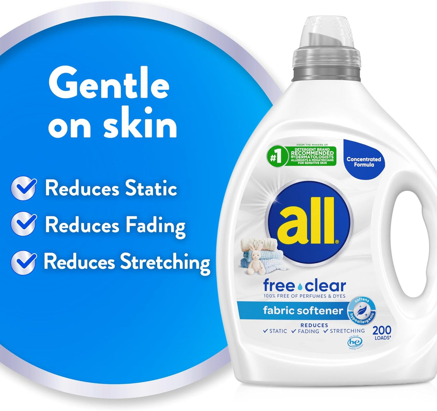 all free clear, Original, Liquid Fabric Softener for Sensitive Skin, Unscented and Hypoallergenic, Concentrated, 80oz, 200 Loads