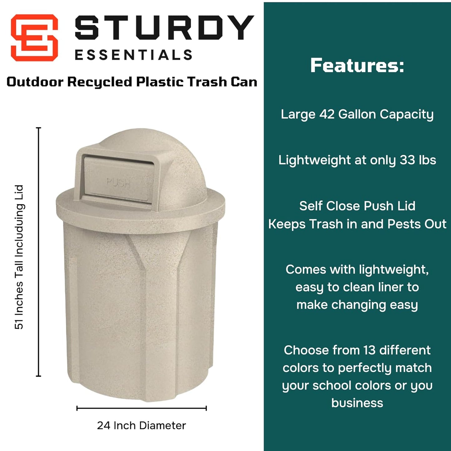 42 Gallon Circle 100% Recycled Plastic Heavy Duty Indoor or Outdoor Commercial Trash Can with Push Open Dome Lid and Internal Liner | Great for Schools and Businesses - Beige Granite