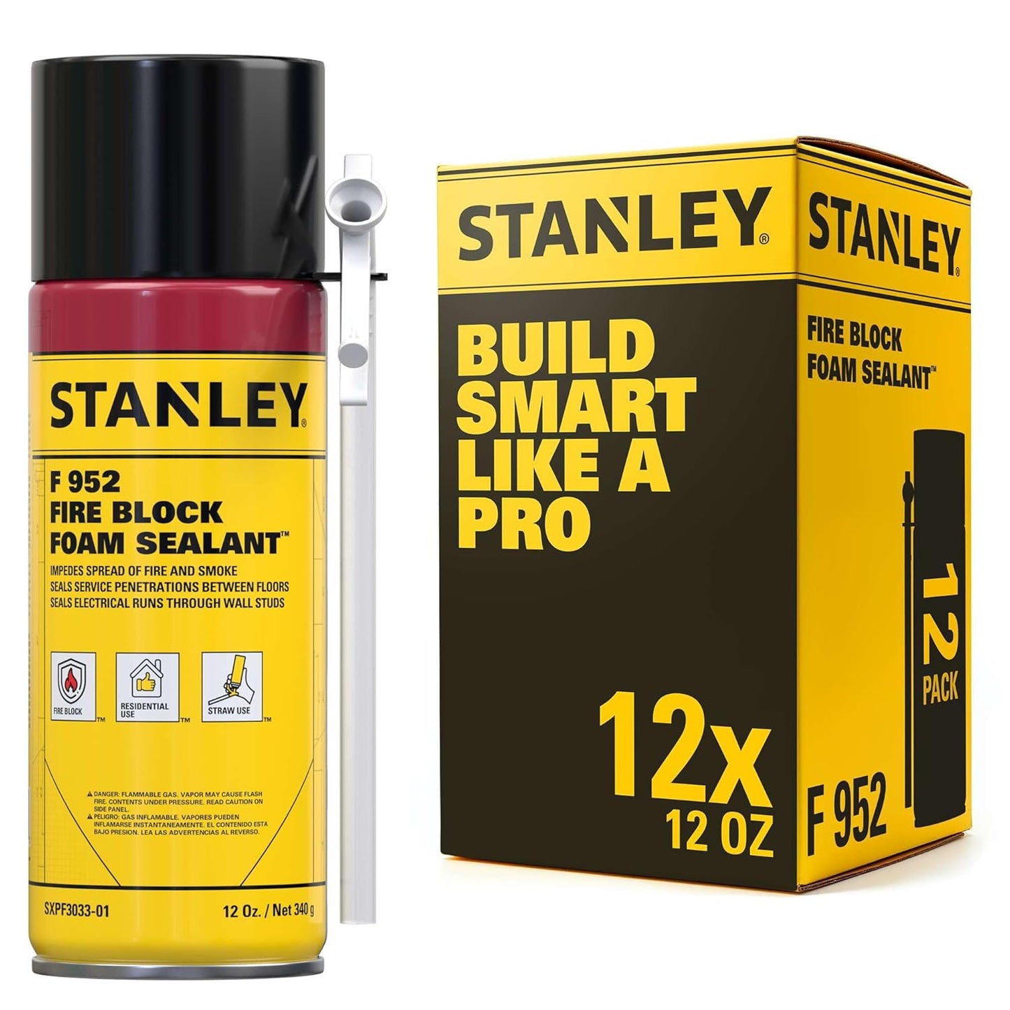 Stanley F952 Fire Block Spray Foam – (12x12oz) Fire Rated Expanding Polyurethane Foam Sealant for Gap Filling & Sealing on Doors, Windows, Walls, Pipes & Joints – Indoor/Outdoor Straw Use | 12 Pack