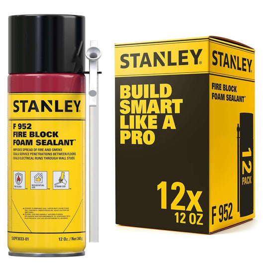 Stanley F952 Fire Block Spray Foam – (12x12oz) Fire Rated Expanding Polyurethane Foam Sealant for Gap Filling & Sealing on Doors, Windows, Walls, Pipes & Joints – Indoor/Outdoor Straw Use | 12 Pack