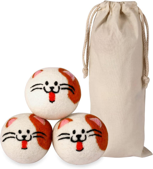 Wool Dryer Balls XL, Cute Cat Face Shape Handmade Dryer Balls Laundry Reusable, Fabric Softener Ball, Shorten Drying Time, Organic Wool - Dry 1000+ Loads(3 Pack Cat Shape)