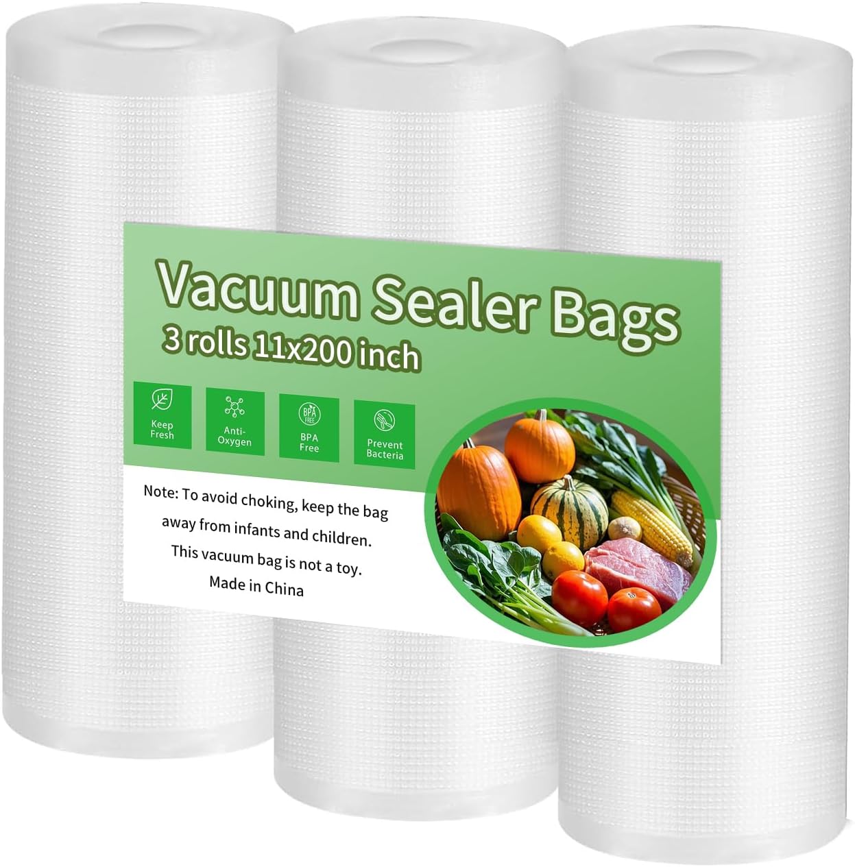 Premium Vacuum Sealer Bags, 11x 200 inches, 3 count. Airtight food saver bags rolls, BPA Free & Heavy Duty Vacuum Freezer Bags. Commercial Grade, Sous Vide or Meal prep