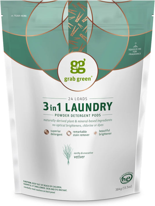 Grab Green 3-in-1 Laundry Detergent Pods, 24 Count, Vetiver Scent, Plant and Mineral Based, Superior Cleaning Power, Stain Remover, Brightens Clothes