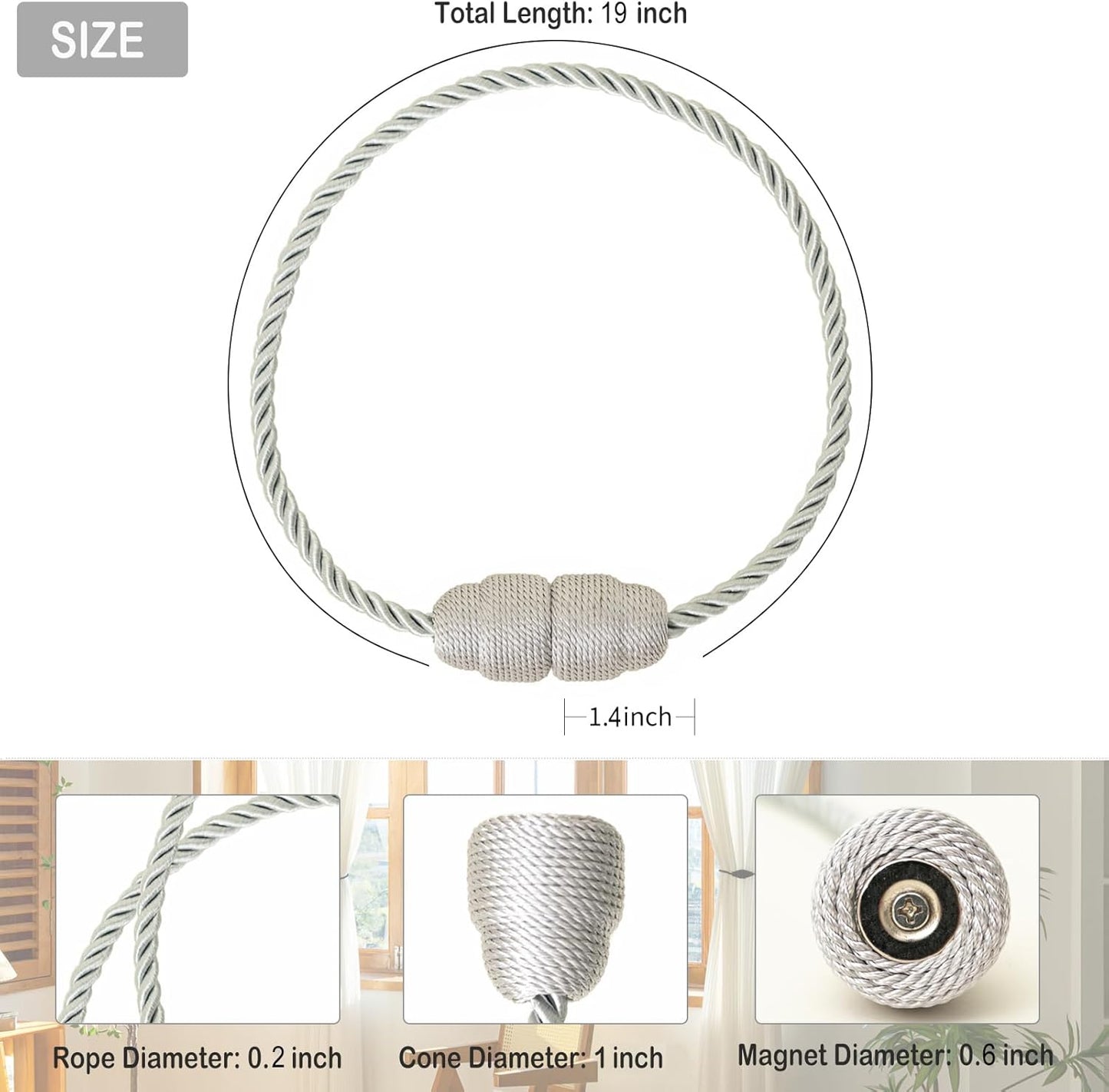 Magnetic Curtain Tiebacks Rope Curtain Tie Backs for Curtains 4 Pack Curtain Holders for Drapes Decorative Window Curtain Holdbacks, Grey