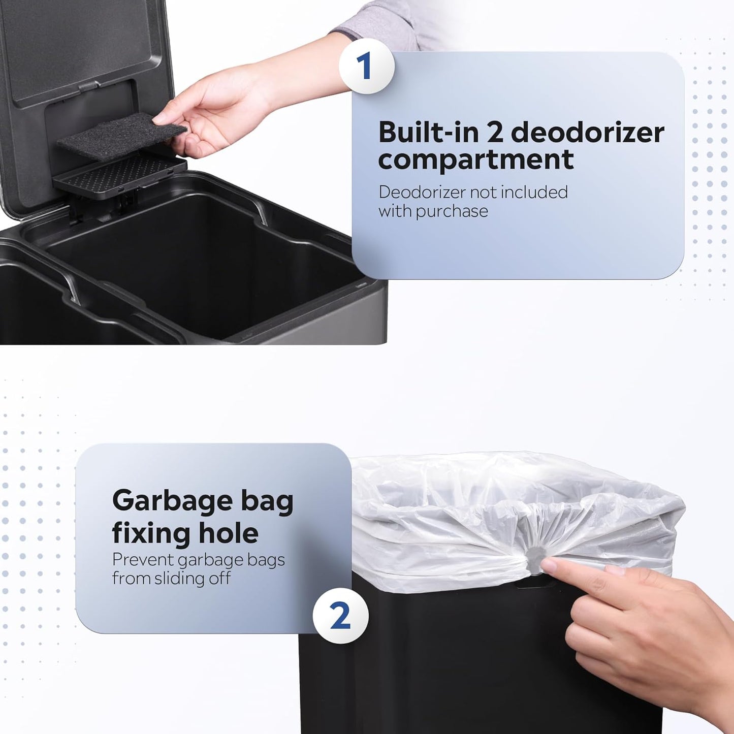 WLIVE 2 x 8 Gallon / 2 x 30 Liter Dual Trash Can, Stainless Steel Double Compartment Classified Kitchen Trash Can, with Plastic Inner Buckets, Handles, Soft-Close Lid, Deodorizing Filter Box, Silver.