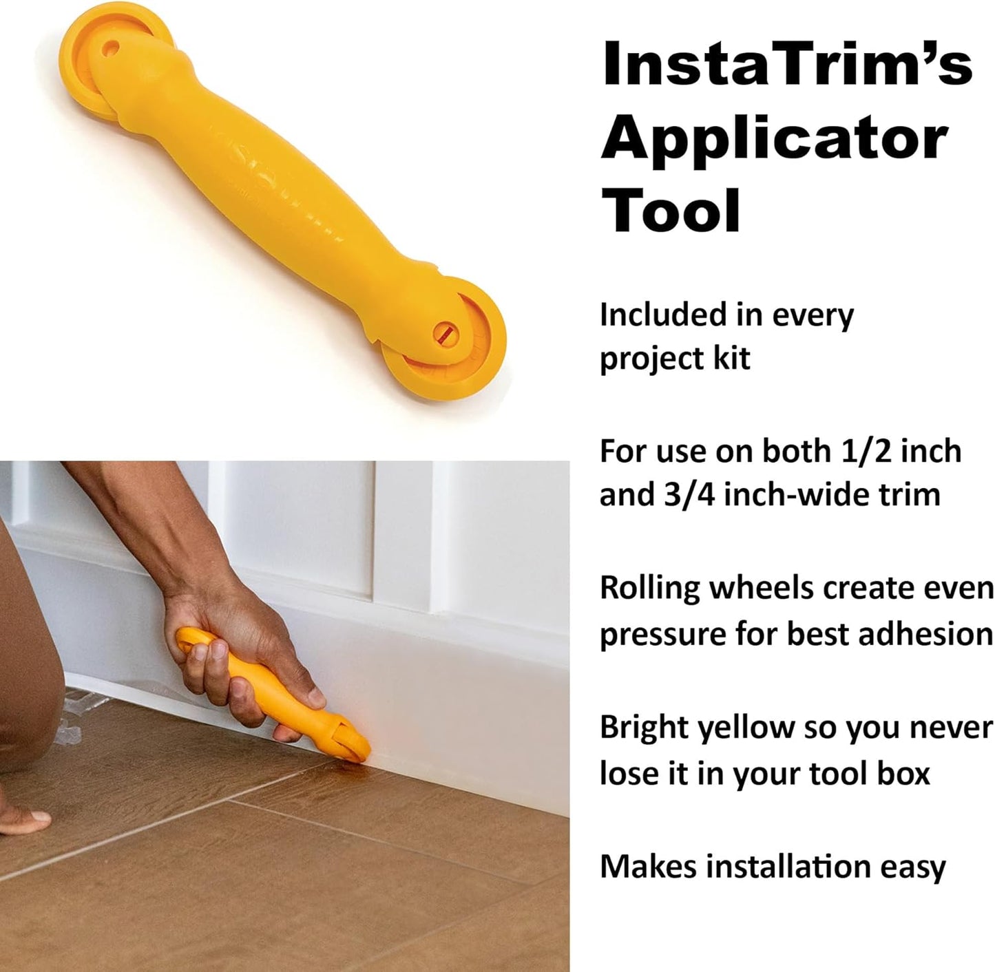 Instatrim Flexible Self-Adhesive Trim Bundle with Applicator & Corners - Caulking Kit with 50ft Black 1/2" Wide Caulk Strip, Applicator Tool, & 6 Corners - InstaTrim The Original Flexible Trim