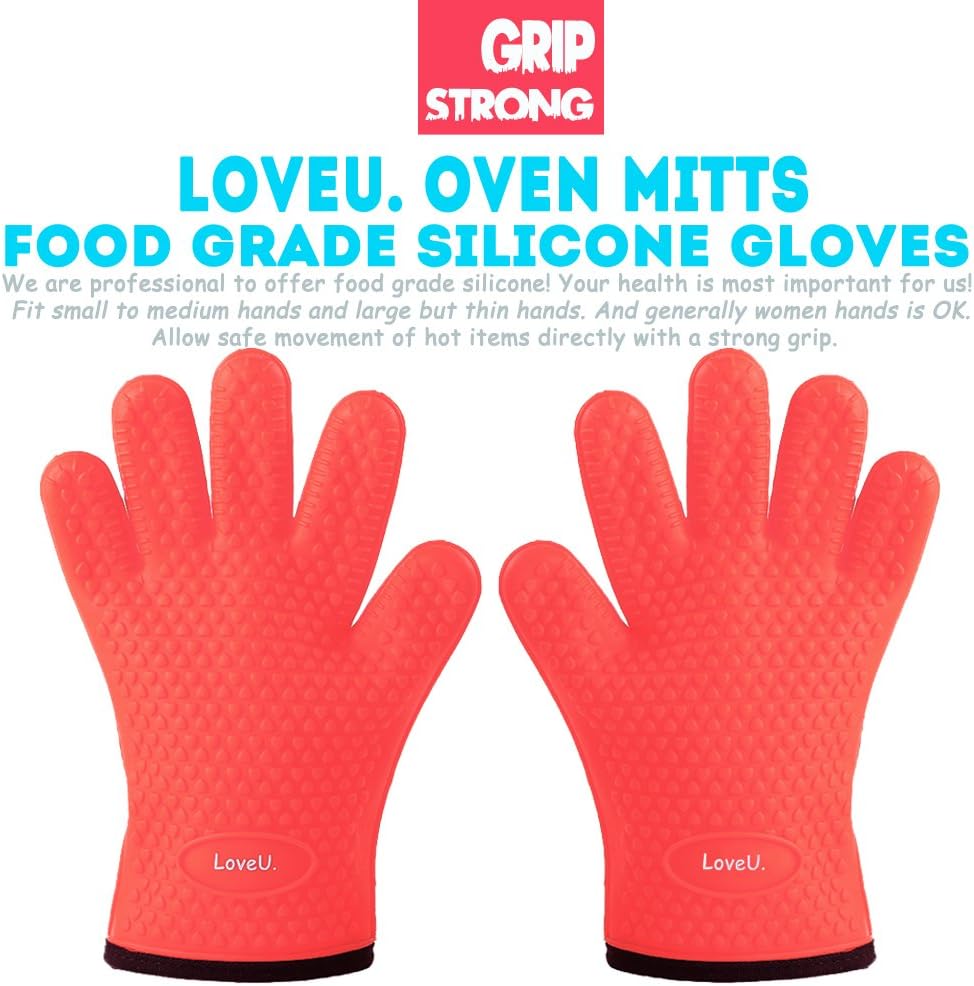 Kitchen Oven Gloves - Dual-Layer Heat Resistant Grilling Gloves, Silicone Oven Mitts with 5 Fingers, Waterproof Non-Slip Pot Holder for Barbecue, Cooking, Baking (Red)