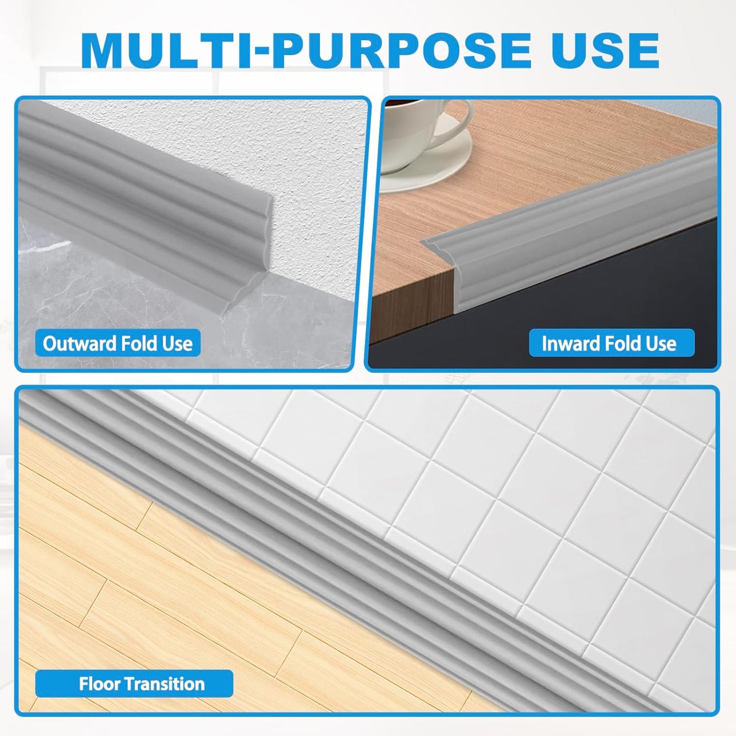 Wall Corner Protector Peel and Stick Corner Trim Molding Flexible Inside & Outside Wall Edge Guard Self Adhesive Moulding Trim for Edge Use, Gray, 2.3” W x 20’ L