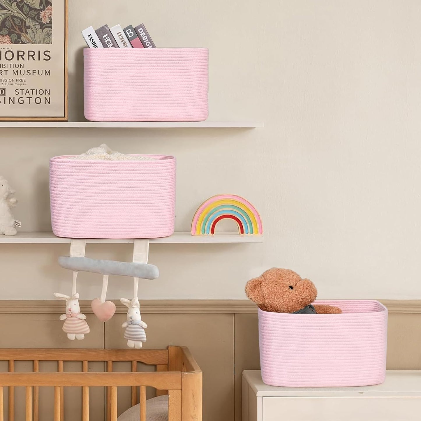 3-Pack Shelf Baskets for Organizing, Woven Storage Basket for Shelves, Cotton Rope Storage Bins for Toys Books, Nursery Towel Baskets for Classroom, 14.96"X9.8"X8.85", Pink