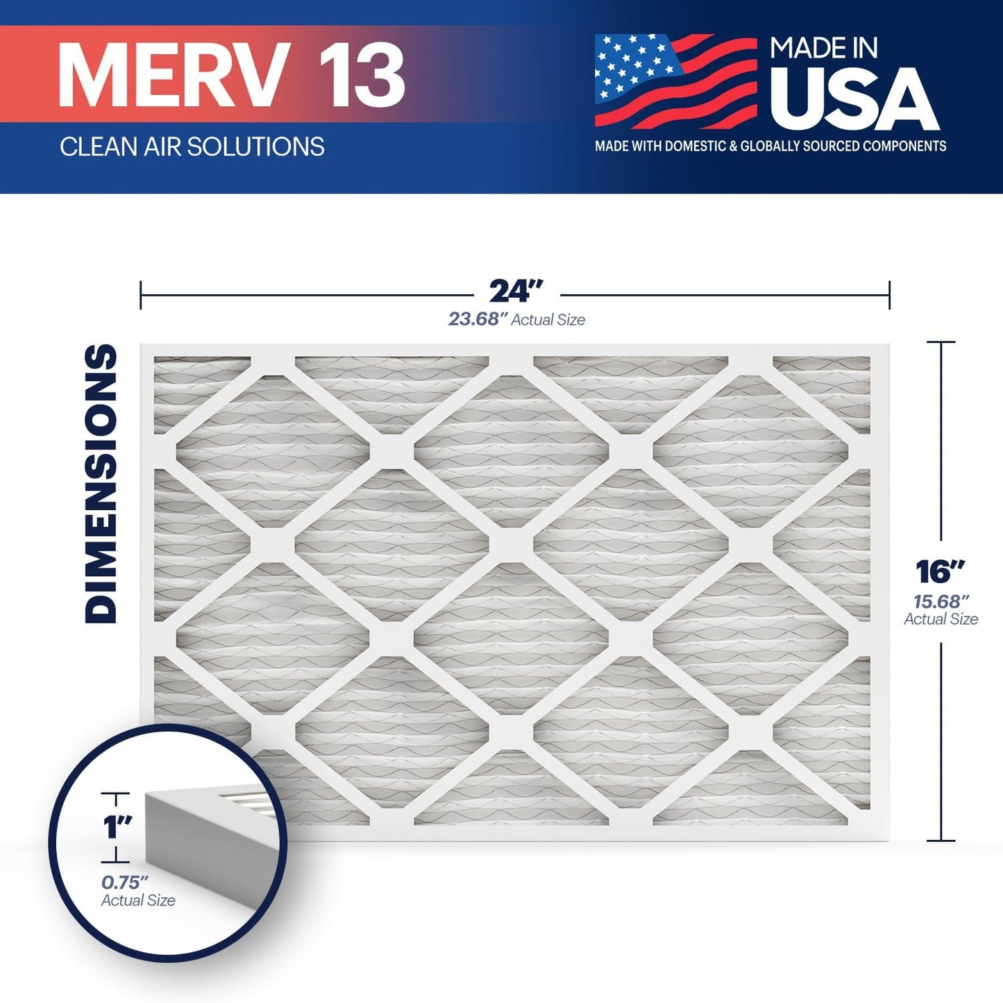 BNX TruFilter 16x24x1 Air Filter MERV 13 (6-Pack) - MADE IN USA - Electrostatic Pleated Air Conditioner HVAC AC Furnace Filters for Allergies, Pollen, Mold, Bacteria, Smoke, Allergen, MPR 1900 FPR 10