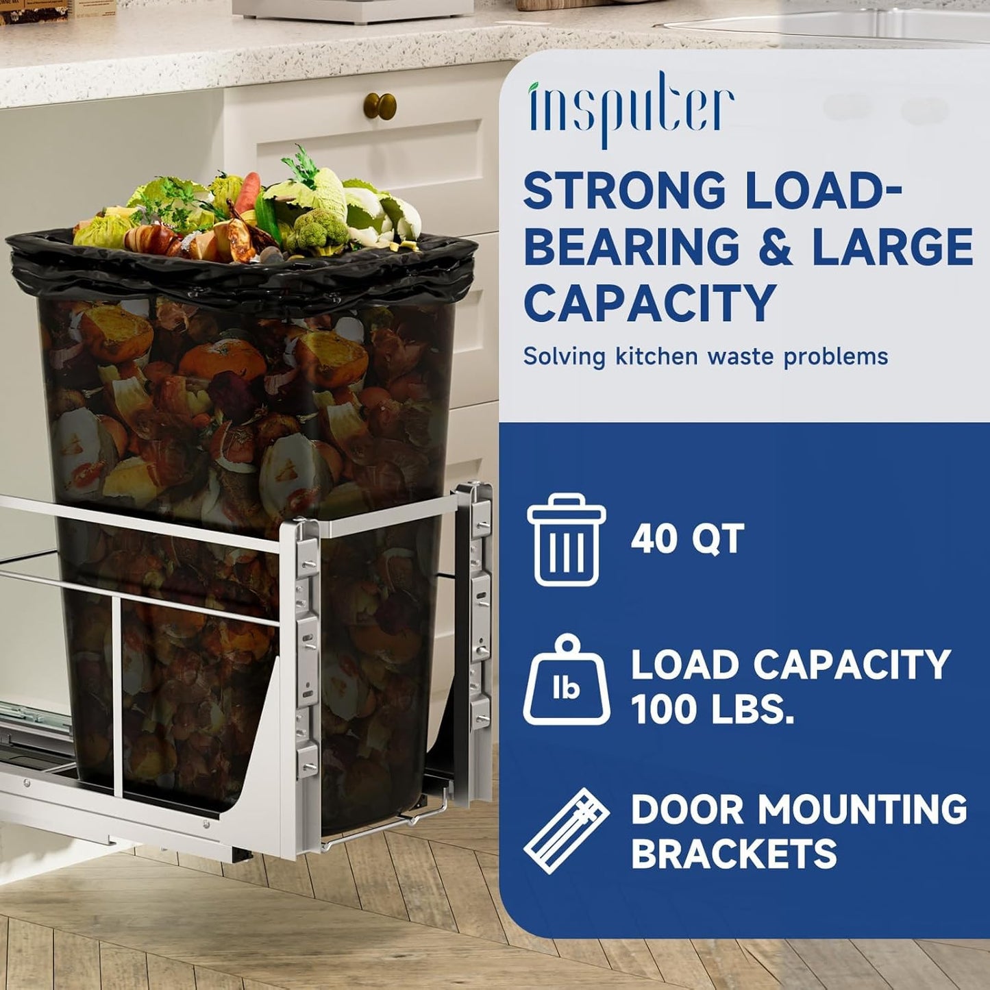 Pull Out Trash Can Under Cabinet with Push to Open Slides, Insputer Heavy Duty Under Sink Garbage Can Kit for Kitchen, Laundry, Not Included Bin, Requires 15" W X 18" D Cabinet, has Installation video