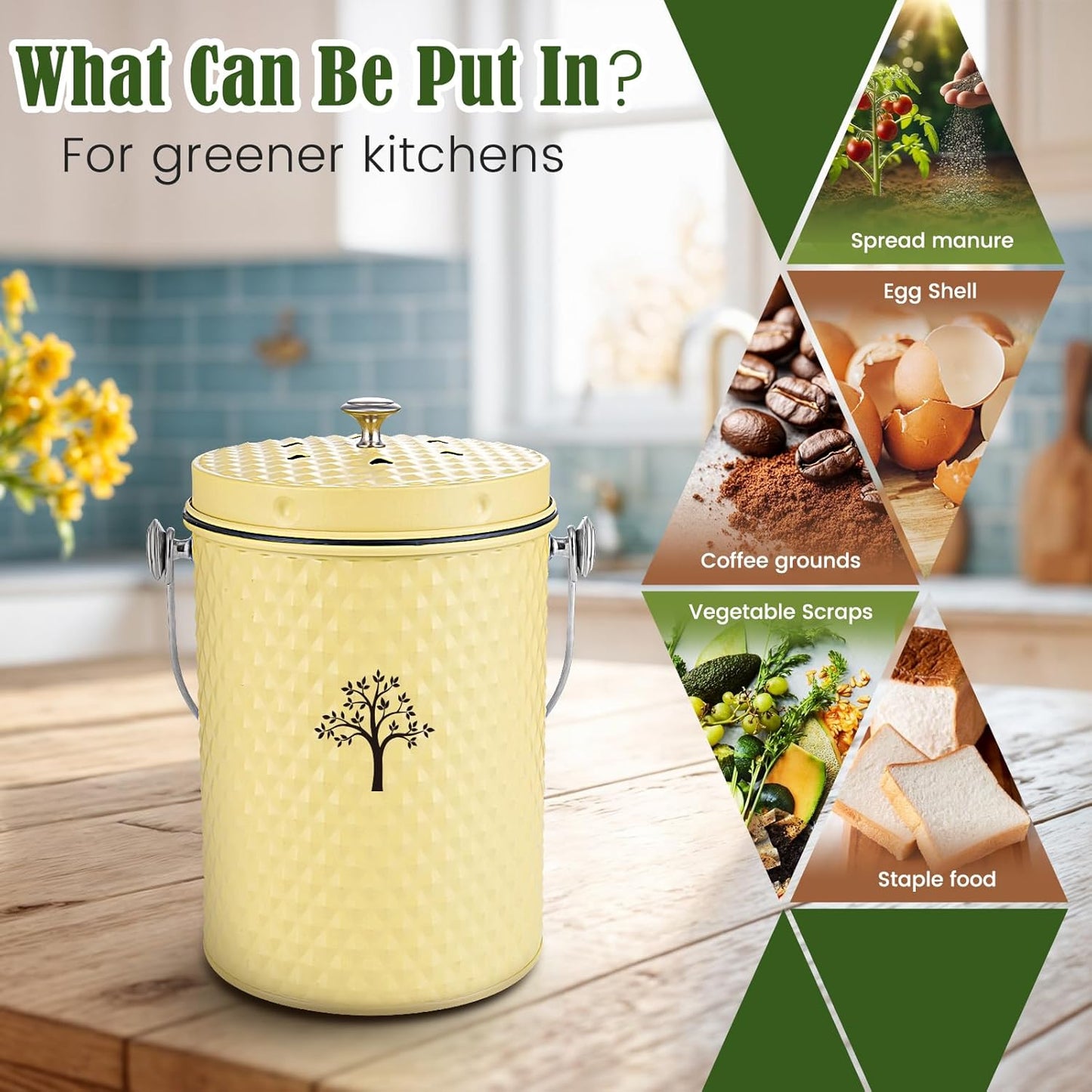 AOSION Countertop Compost Bin Kitchen,Odor Resistant Indoor Compost Bin with Lid and Compost Bags,Compost Bucket Composter Container for Food Waste,Yellow