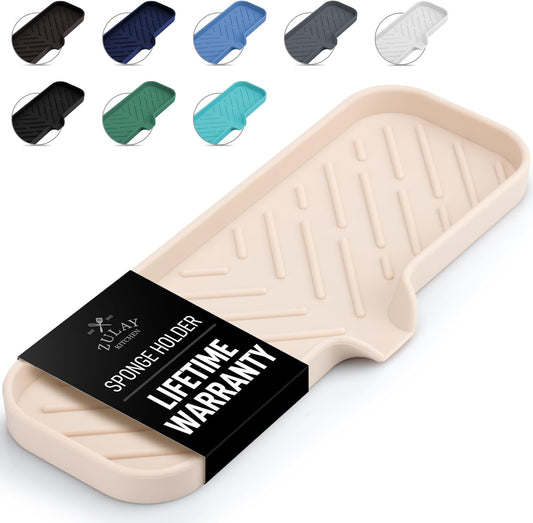 Zulay Kitchen Large Silicone Sponge Holder (12x4) – Flexible Sink Organizer Tray for Kitchen & Bathroom – Multipurpose Soap Dish for Sponges, Makeup, Trinkets & More (Ivory)