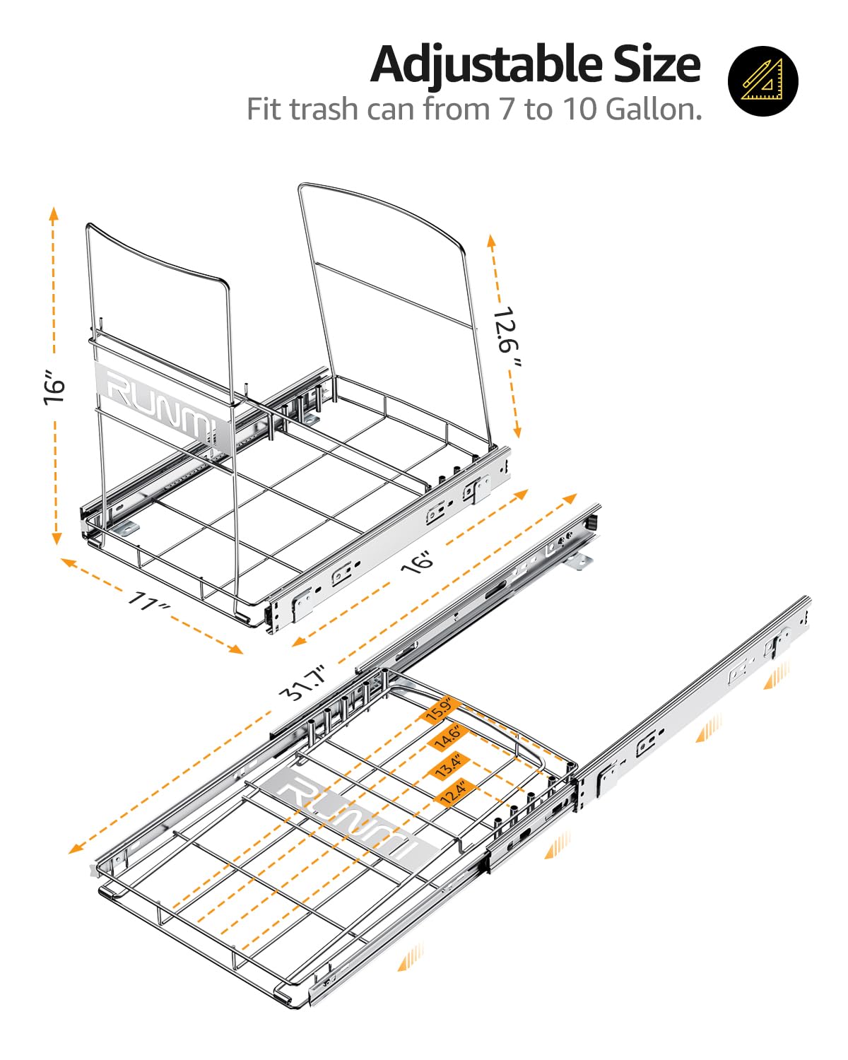 Pull Out Trash Can Under Cabinet，Heavy Duty Slide-Out Cabinet Kit, Adjustable Cabinet Trash Can Organizer, Under Sink Trash Can Shelf for Kitchen (Not Include Can)