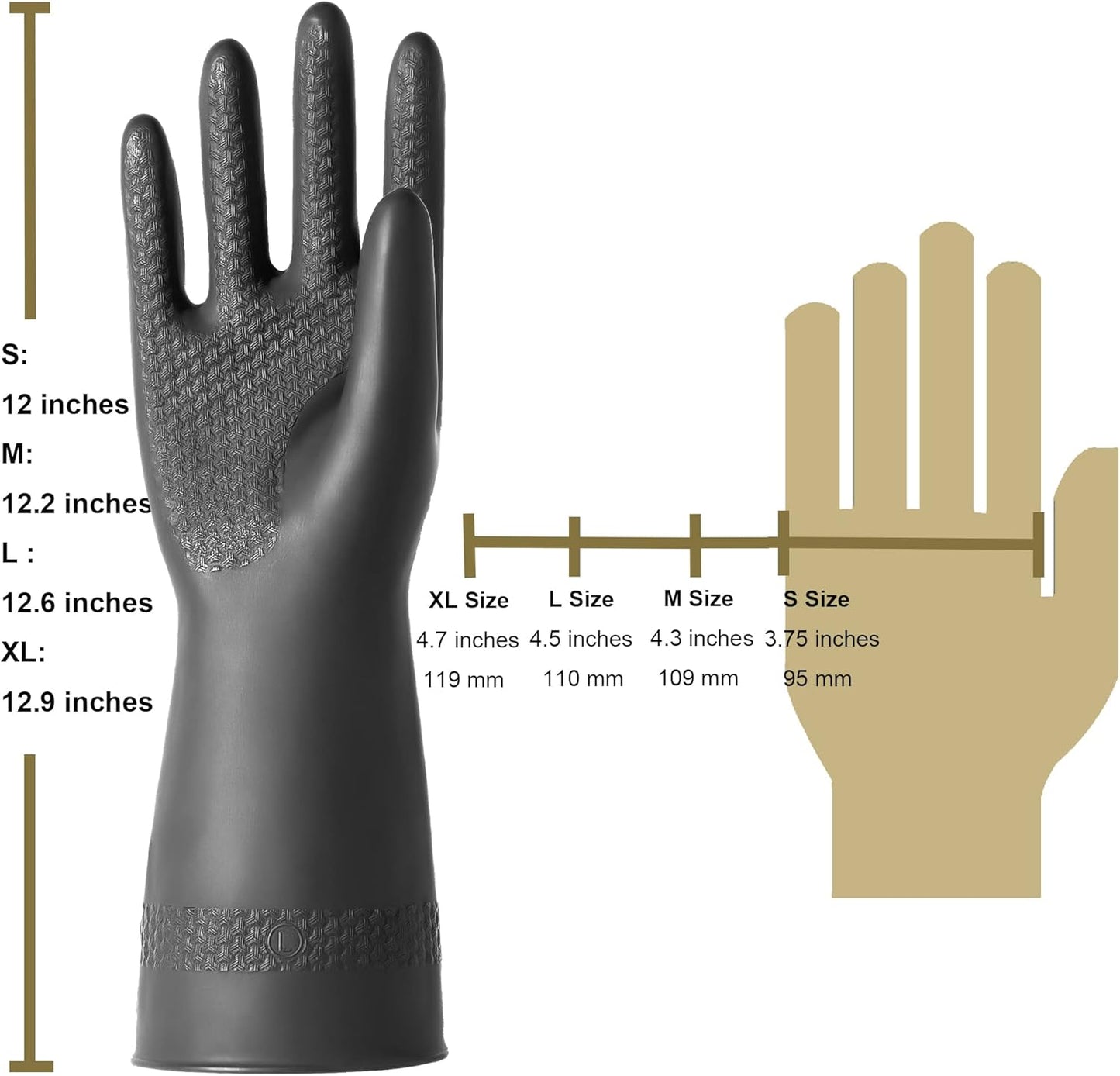 Chemical Resistant Latex Gloves,Cleaning Protective Safety Work Heavy Duty Rubber Gloves, S-M-L-XL Size, Black 1 Pair