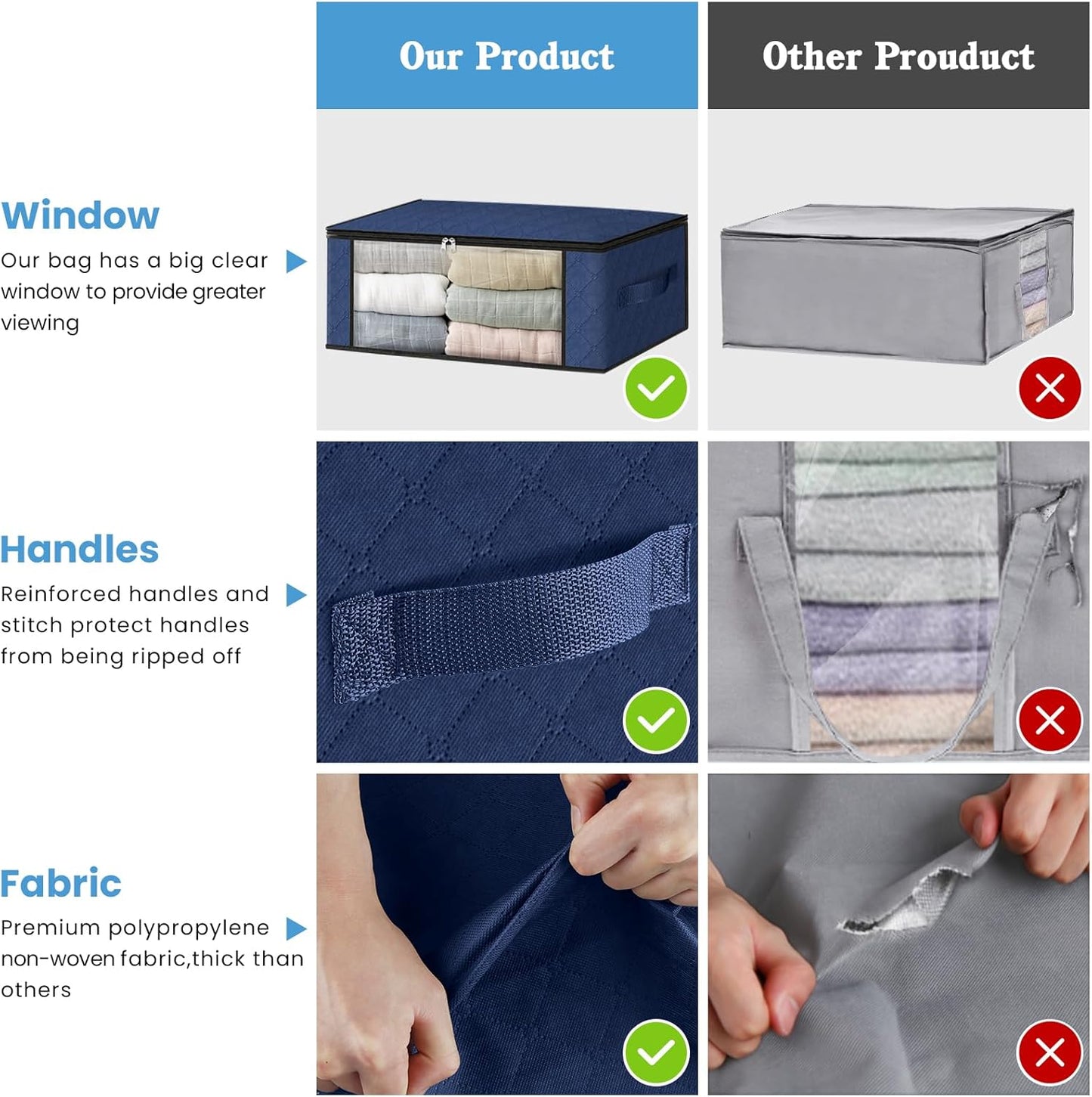 HomeHacks Storage 6-Pack Clothes Organizer Storage Bags Foldable Storage Box with Large Clear Window Sturdy Handles for Closet, Dorm, Pillows, Bedding, Clothes, Blankets, 35L, Blue