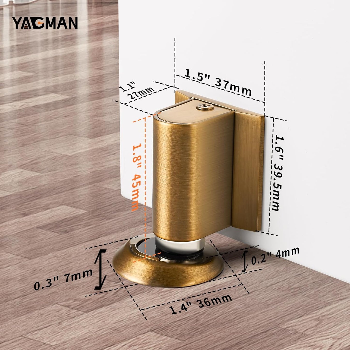 1 Pack Magnetic Door Stoppers Retractable Bottom of Door Holder No Drilling Mount Floor Door Stop with Screws and Adhesive Catch Door Keep Door Open Antique Brass AB-1