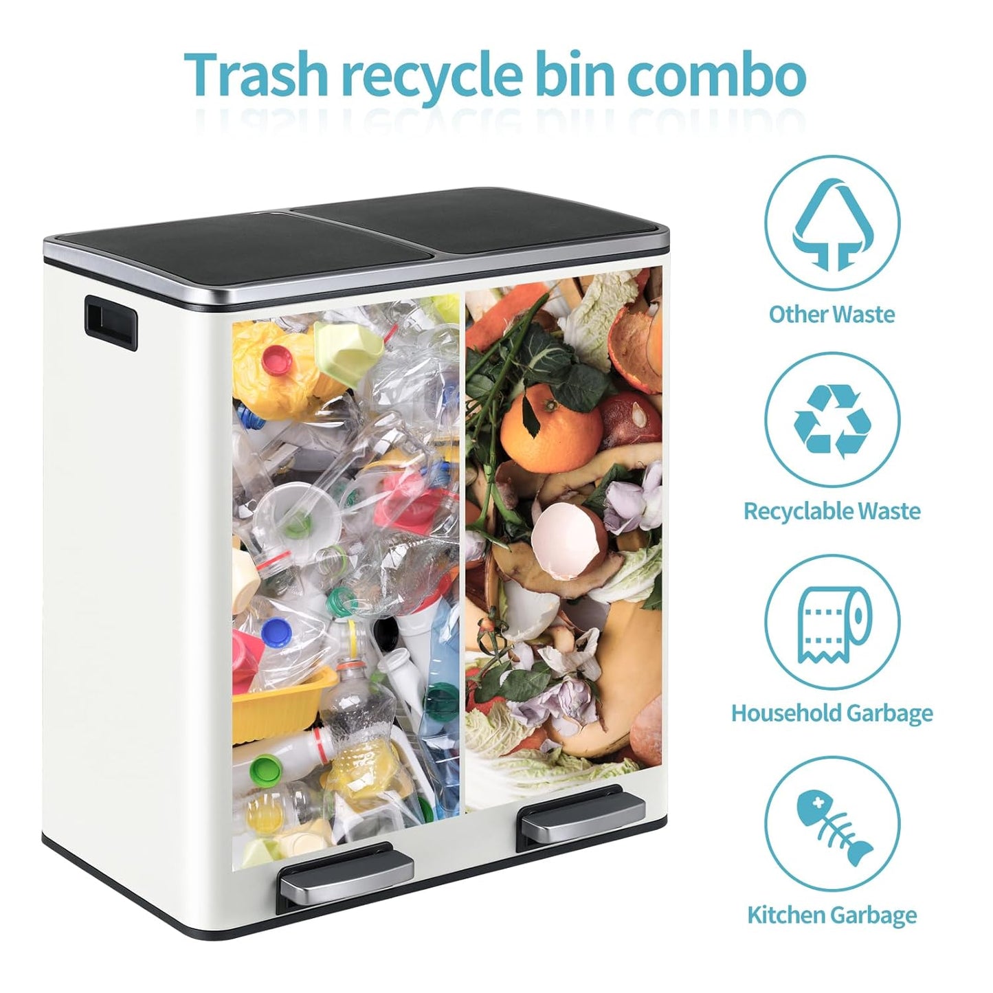 16 Gallon Rectangular Stainless Steel Trash Can, Dual Compartment Garbage Bin with Recycling Combo, Metal Dustbin Lid, Removable Liner, Indoor Hands Free Waste Bucket for Kitchen Home