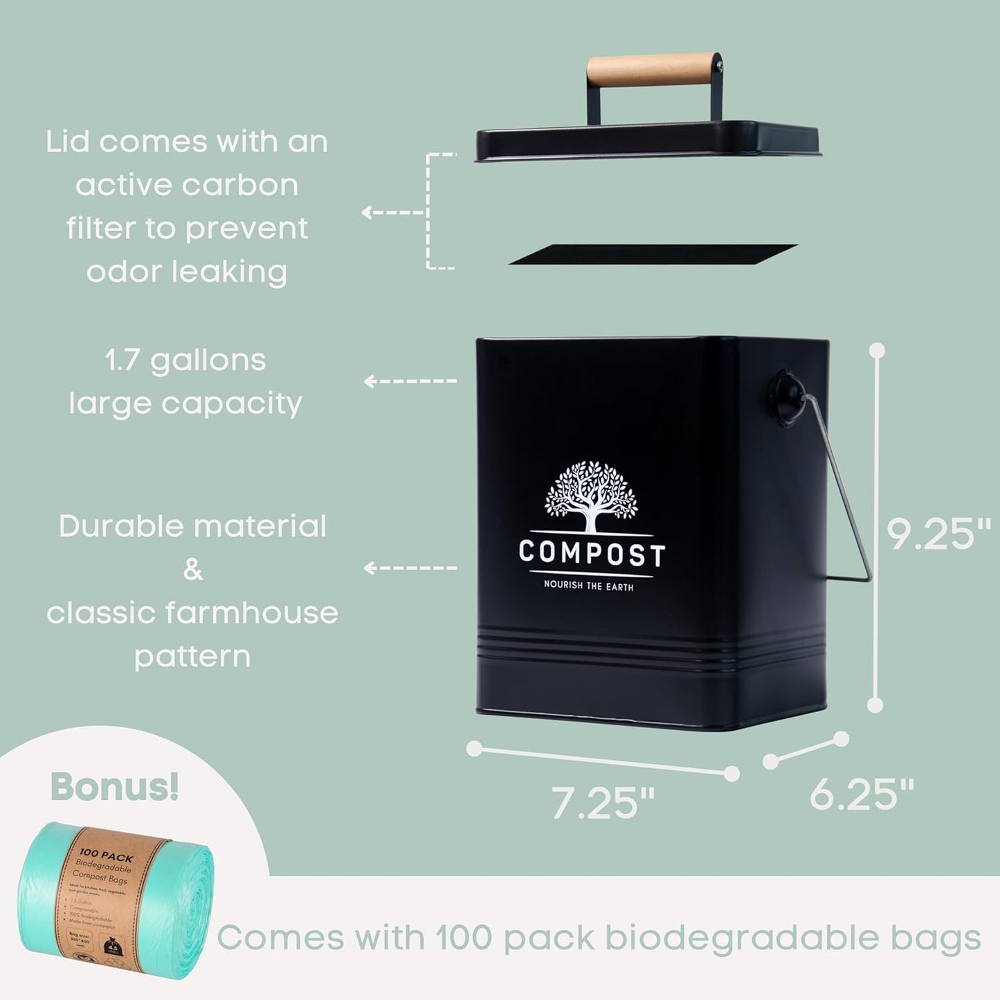 PERFNIQUE Kitchen Compost Bin, 1.7 Gallon Countertop Compost Bin with Lid, Indoor Compost Bin Includes 2 Carbon Filters, Small Compost Bucket, Food Waste Bin for Kitchen with Trash Bags (Matte Black)