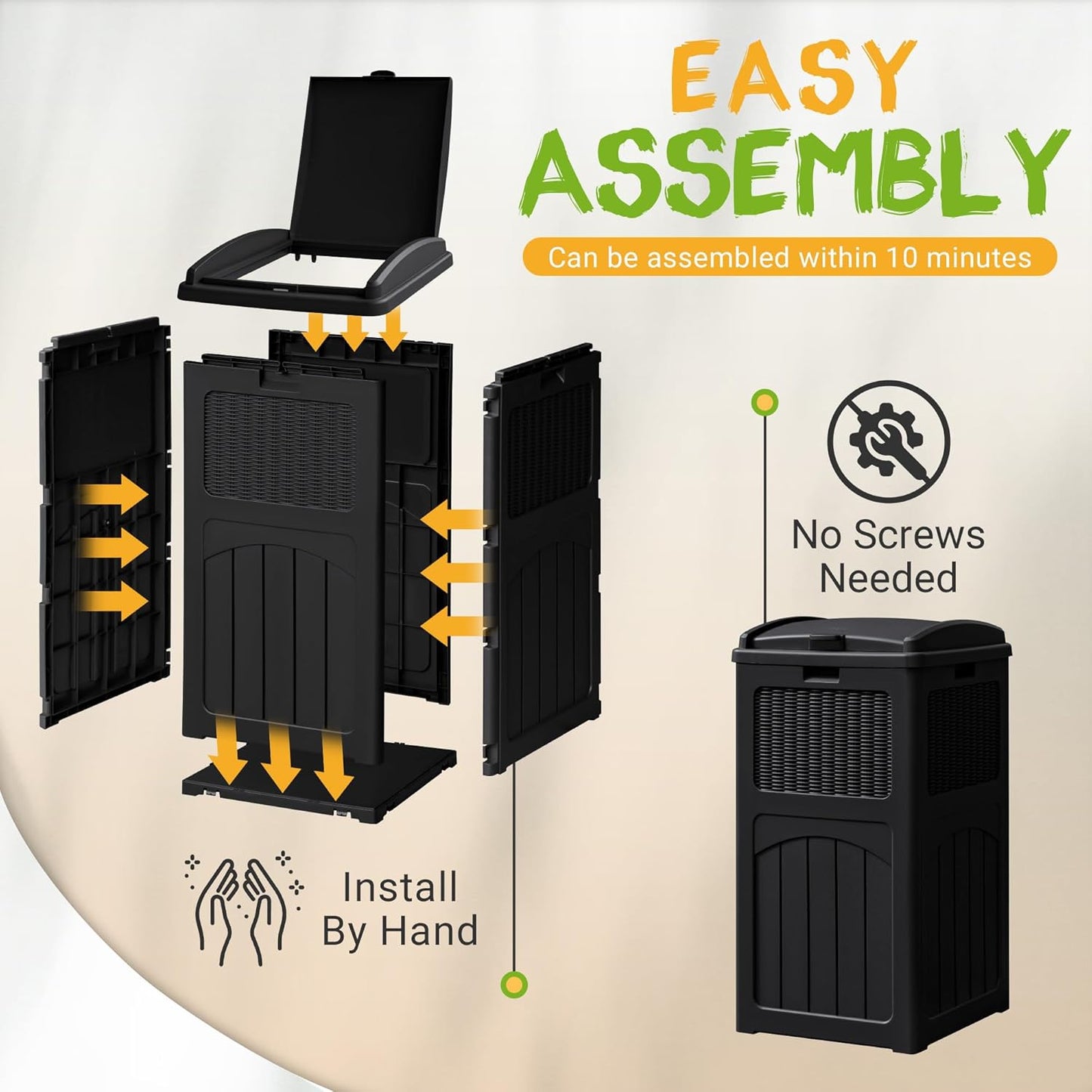 YESHOMY 2 Pack Outdoor Trash Can with Lid, Garbage Bins for Garden, Porch, Home and Kitchen, Black