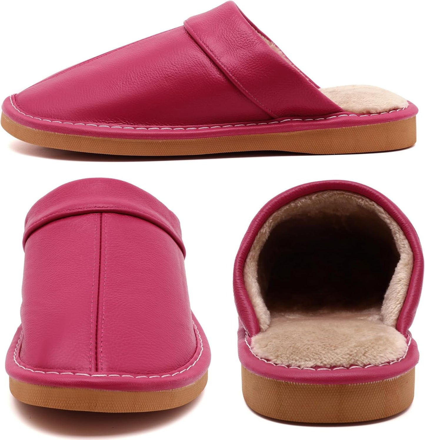 Slippers for Women Men, Genuine Leather Slippers Indoor Outdoor, Fuzzy Bedroom House Shoes for Women Men, Plush Lining Womens Sandals Slip-on