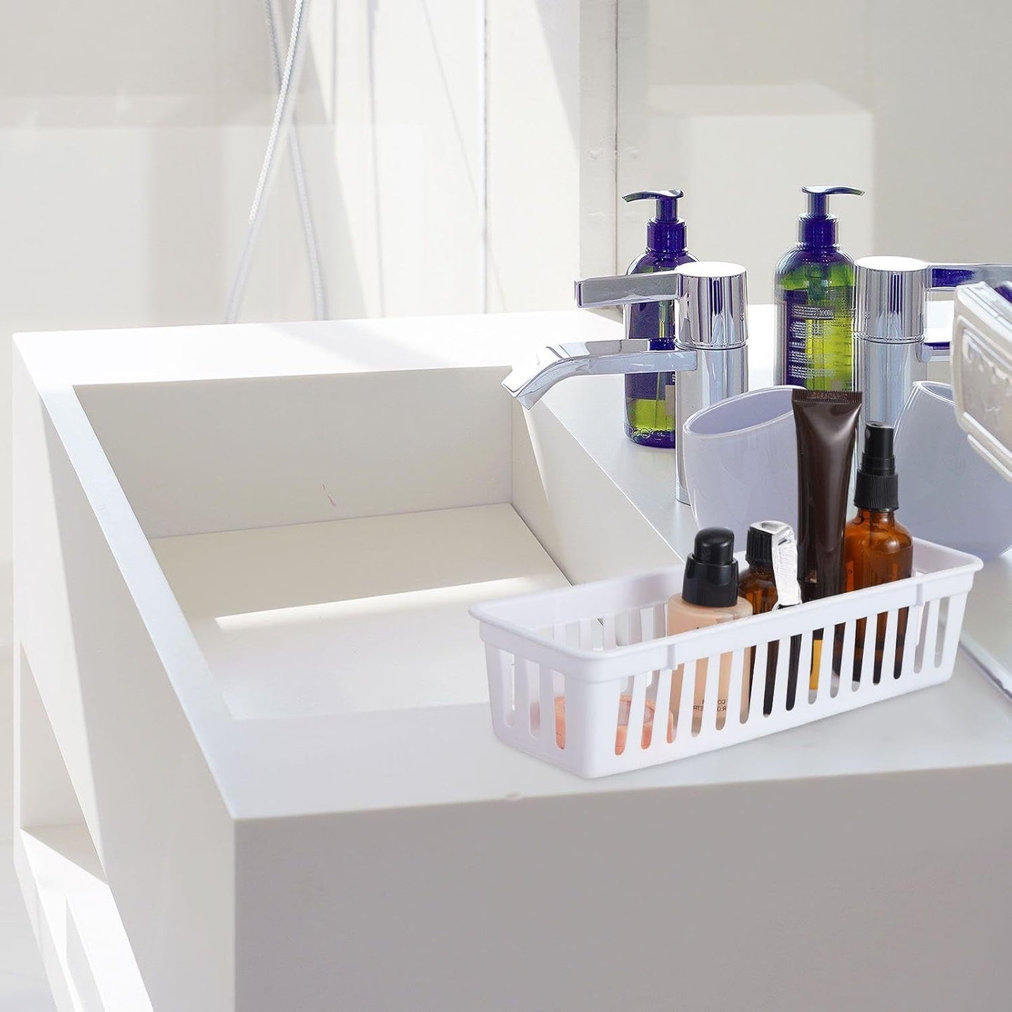 Domensi 24 Pcs Slim Plastic Storage Baskets Tray for Organizing 10.25 x 3.25 x 2.5 Inch Small Storage Bins Stackable Drawer Pencil Trays Holder for Desk Garage Office Containers(White)