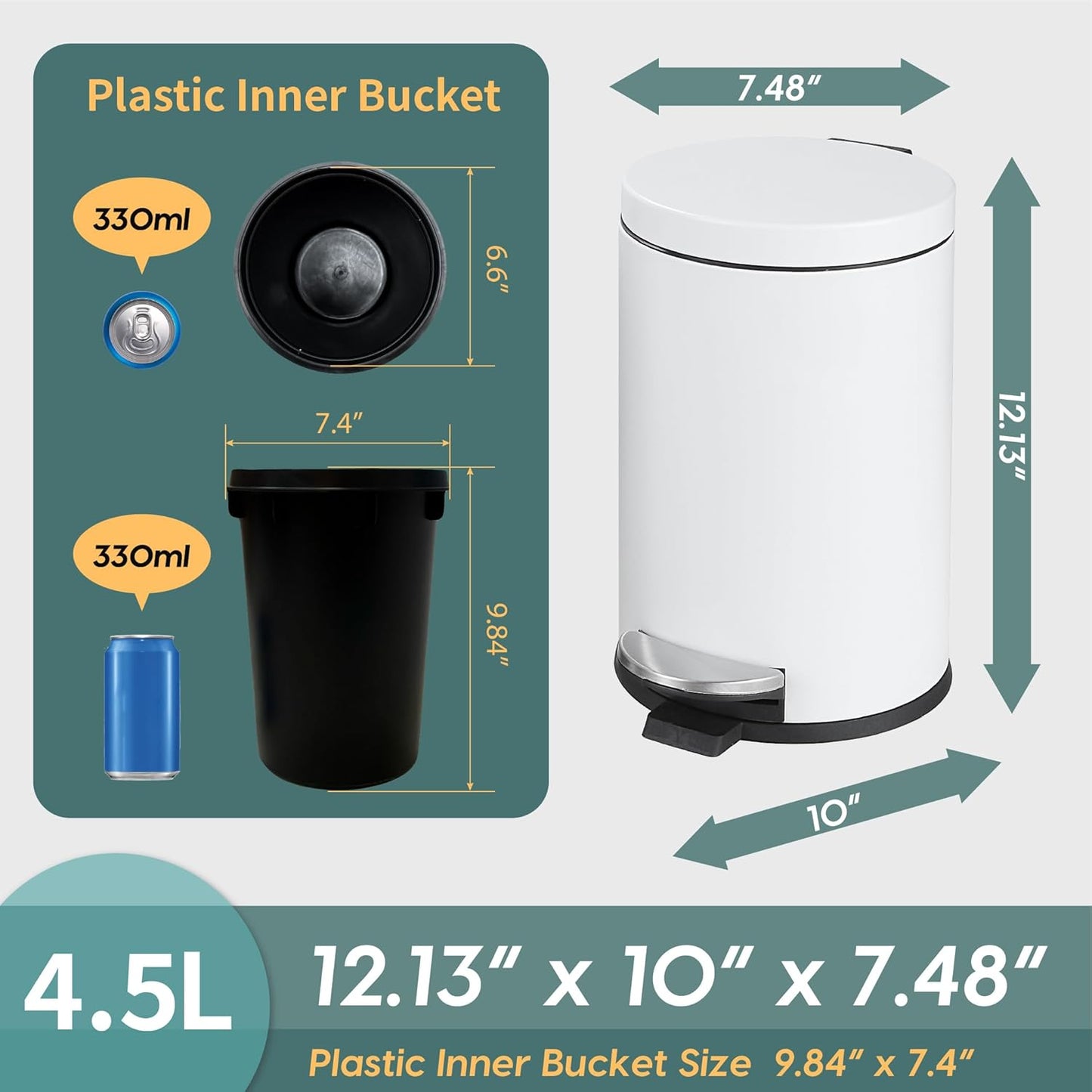 SunnyPoint 4.5 Liter(1.2 Gallon) Small Round Trash Can with Plastic Inner Bucket; Bathroom, Office, Kitchen and Bedroom Step On and Slow Close (WHT)