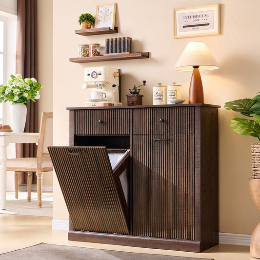 Modern Double Tilt-Out Trash Cabinet, 20 Gallon Fluted Laundry Hamper Cabinet with 2 Drawers, Wooden Hidden Garbage Can Cabinet w/Storage Basket,Free Standing for Kitchen & Living Room, Brown