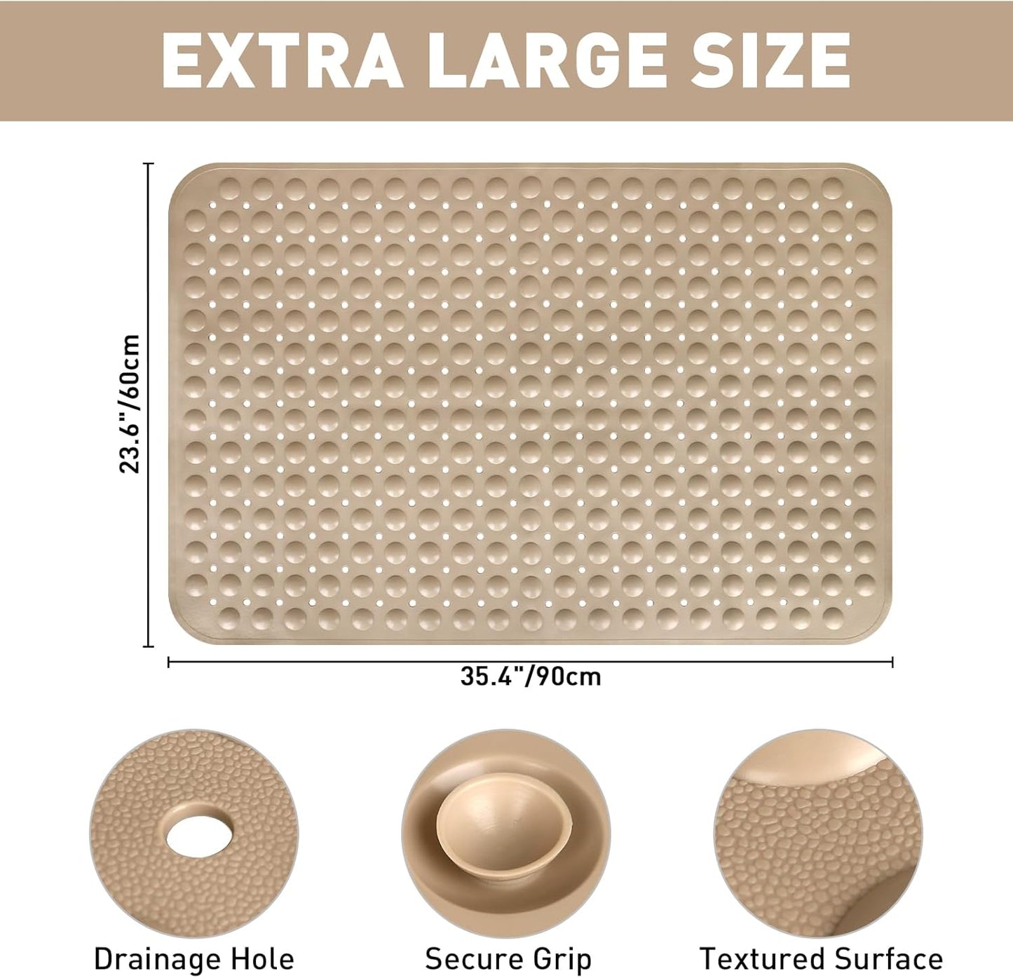 Shower Mat Non Slip: 47.2 x 31.5 Inch Extra Large TPE Shower Mats for Inside Shower - Anti Slip Shower Stall Matt with Drain Hole and Suction Cups for Elderly