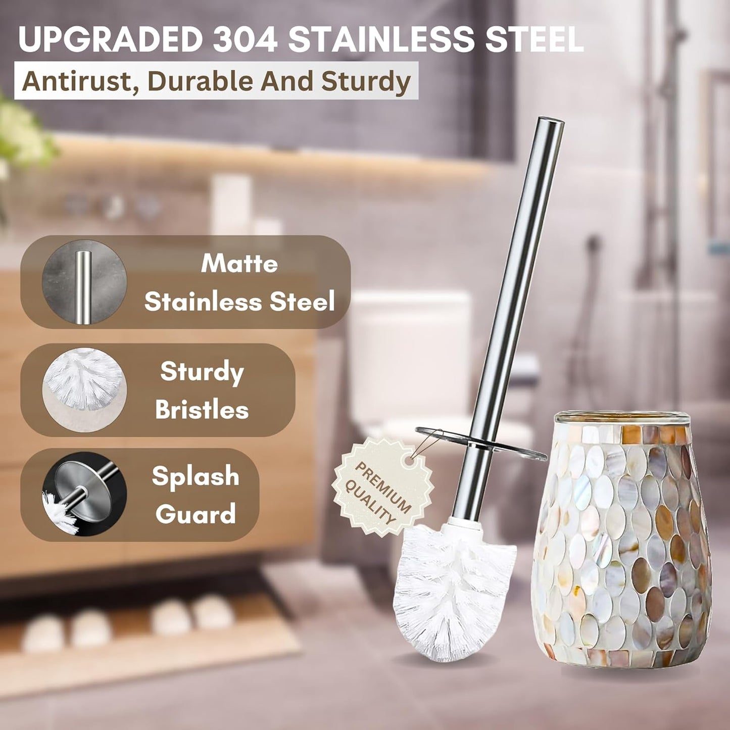 Escenzy Modern Toilet Brush and Holder Set | Natural Shell Mosaic Glass | Non-Rustic Stainless Steel | Practical & Decorative Toilet Bowl Brush and Holder | Luxury Bathroom Accessories