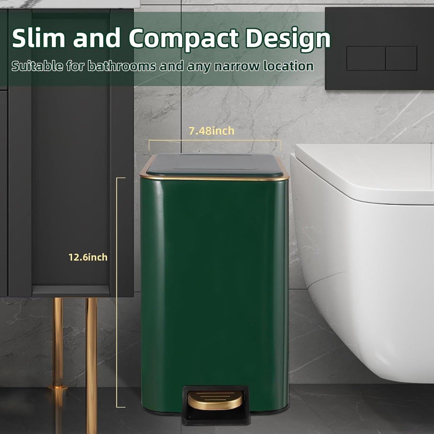 Small Bathroom Trash Can with Lid Soft Close, 1.8 Gallon Stainless Steel Garbage Can with Removable Inner Bucket,3PCS Soap Dispenser,75Count Trash Bag, Slim Step Pedal Trash Bins