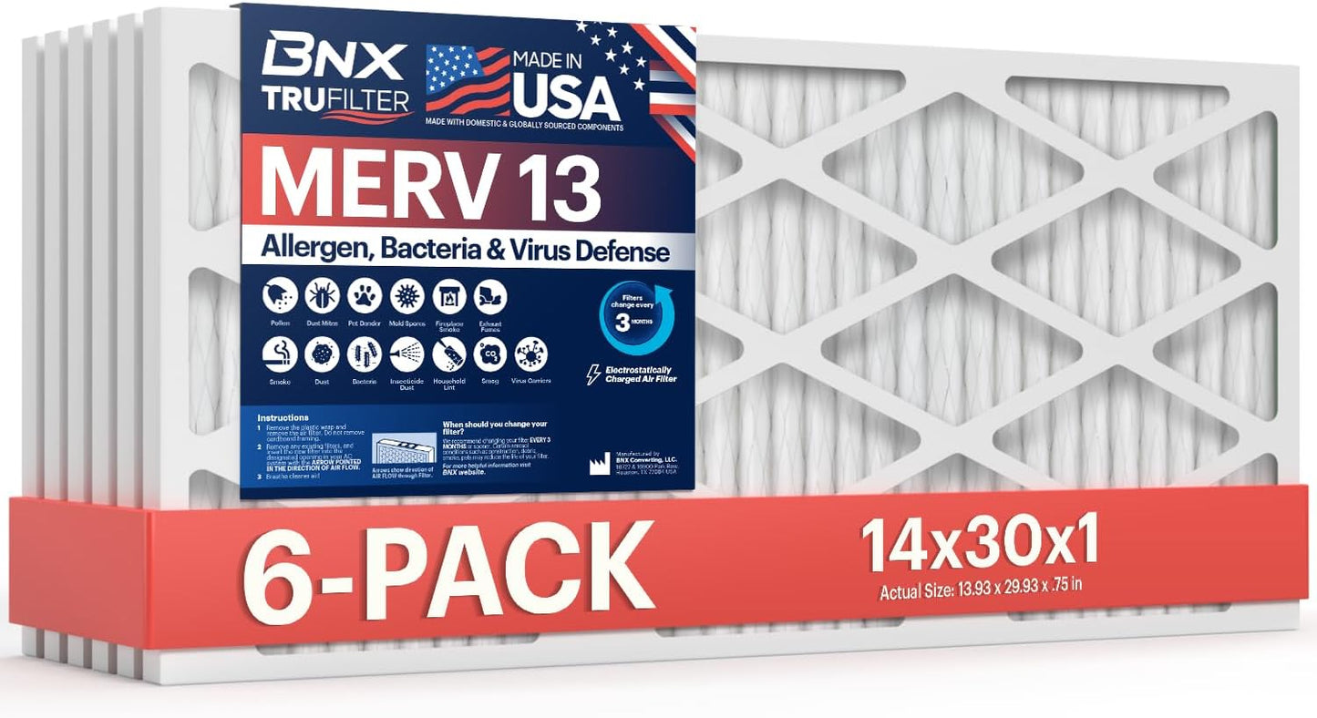 BNX TruFilter 14x30x1 Air Filter MERV 13 (6-Pack) - MADE IN USA - Electrostatic Pleated Air Conditioner HVAC AC Furnace Filters for Allergies, Pollen, Mold, Bacteria, Smoke, Allergen, MPR 1900 FPR 10
