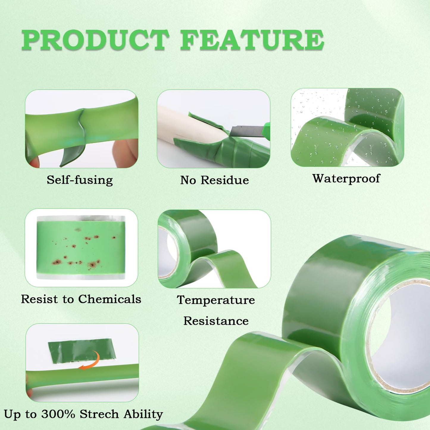 Self Fusing Silicone Tape 2 Rolls 1 in x 5' Green Waterproof Rubber Leak Proof Sealing Rubber Self-amalgamating Tape for Emergency Hot and Cold Water Pipe Repairs and Tool Fixation