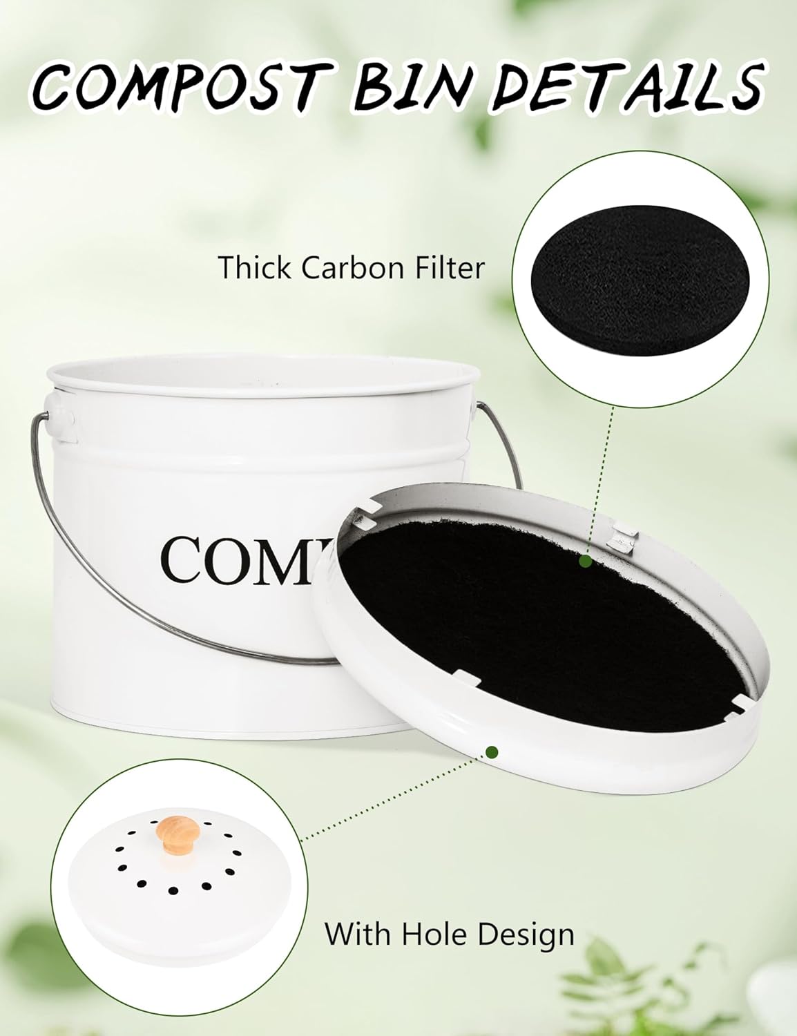 Compost Bin - 1 Gallon Countertop Composter with Lid, Charcoal Filters, Rust Proof Indoor Food Waste Bin