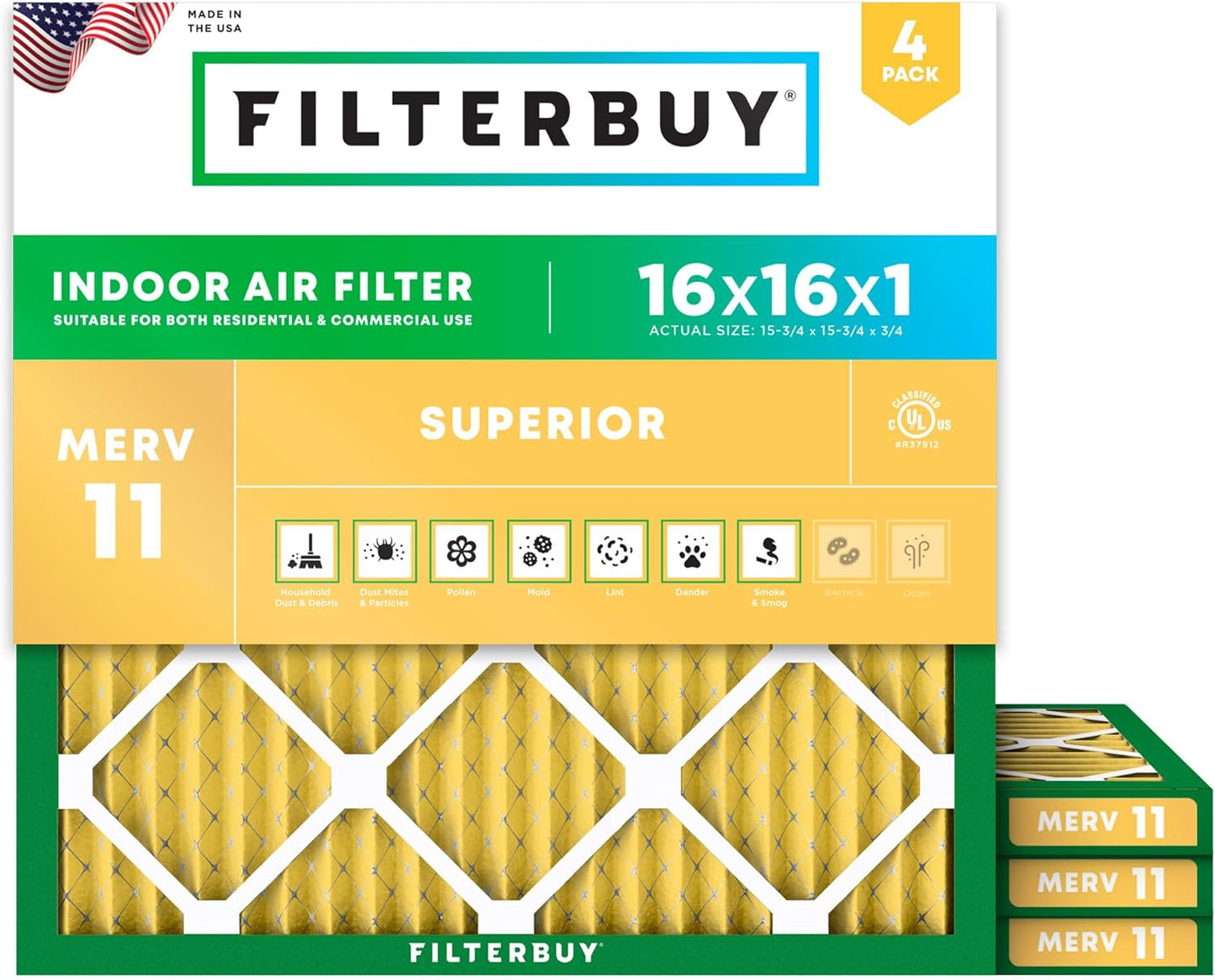 Filterbuy 16x16x1 Air Filter MERV 11 (MPR 1200) Allergen Defense Replacement (4-Pack), Electrostatic Pleated HVAC AC Furnace Filters, Made in USA (Actual Size: 15.75 x 15.75 x 0.75)