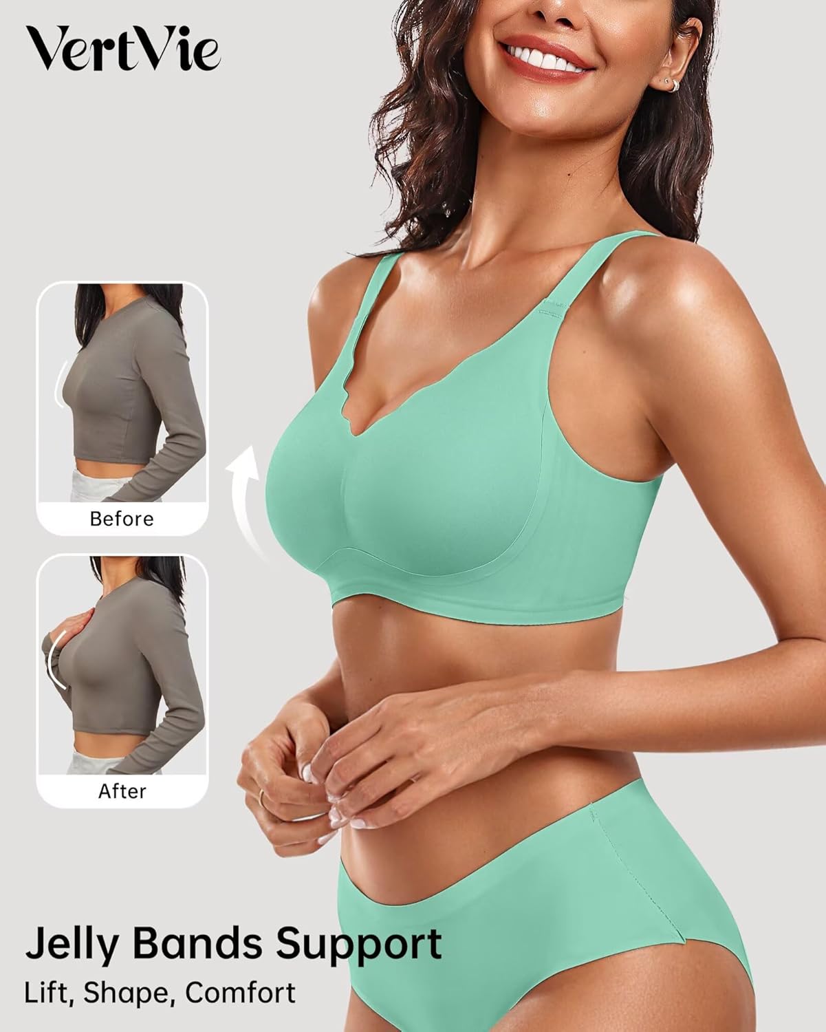 Vertvie Womens Seamless Bras No Underwire Supportive Wireless Push Up Full Coverage Bralette Comfort Scalloped T-Shirt Bra