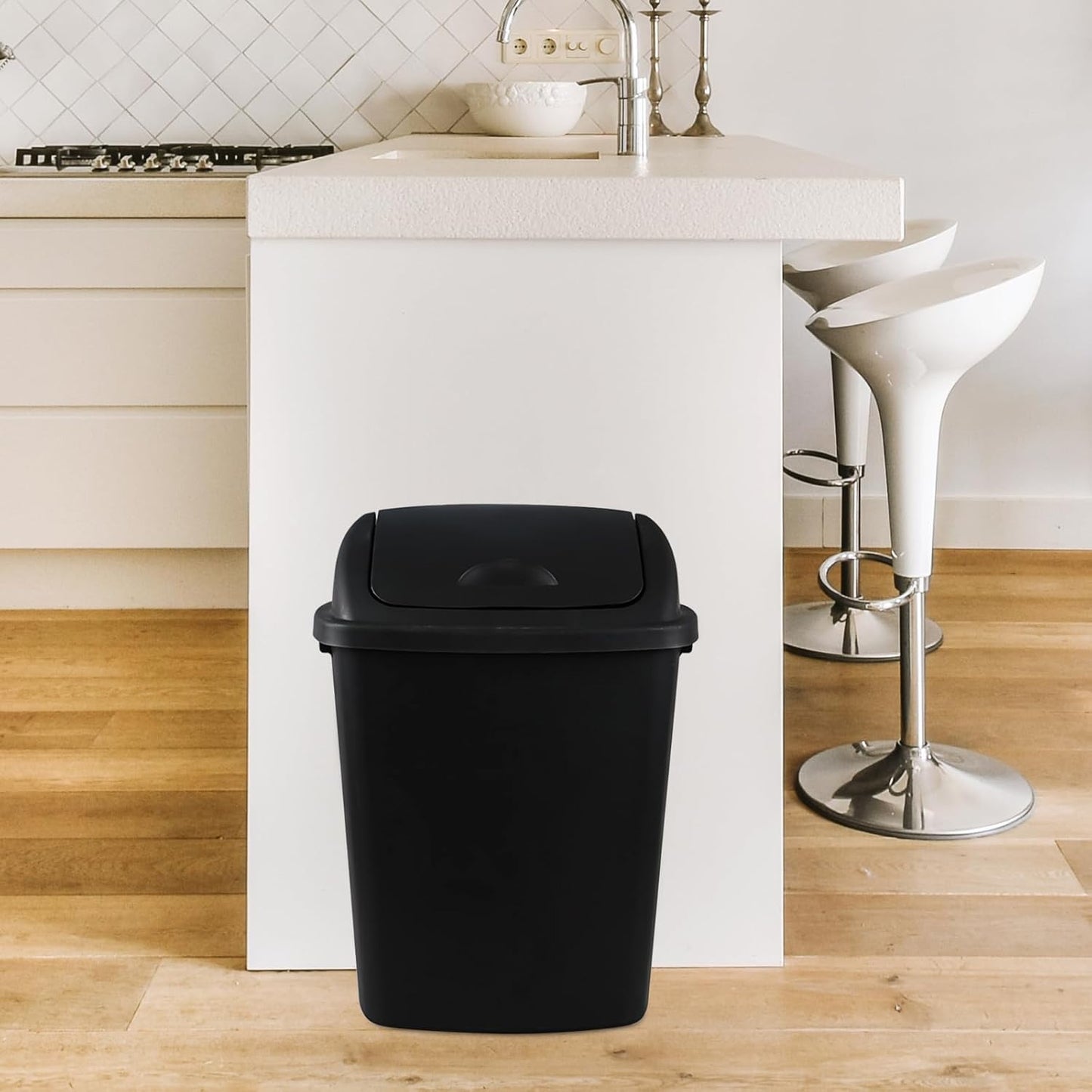 Bringer 10 Gallon Tall Kitchen Trash Can, Set of 4 Black Plastic Garbage Can with Swing Lid