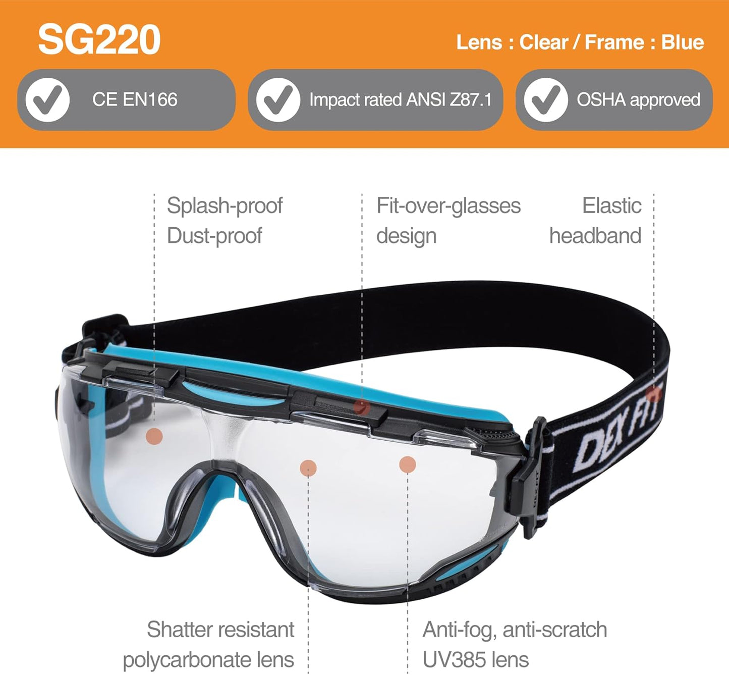 DEX FIT Protective Safety Goggles SG220; Anti Fog & Scratch, Z87 Eye Protection for Lab, Science, and Chemistry Work, Adjustable for Women and Men, (Black & Blue Frame, Clear Lens, 30cm Strap)