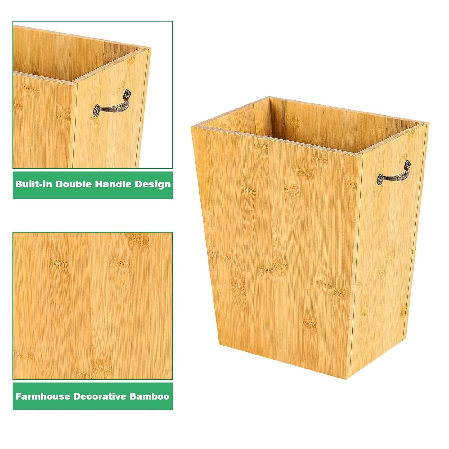 SEHERTIWY Wood Trash Can, Farmhouse Wastebasket Bin for Bathroom, Office, Bedroom, Living Room, Small Square Rustic Garbage Container with Metal Handle (Wood-Black-Handle)