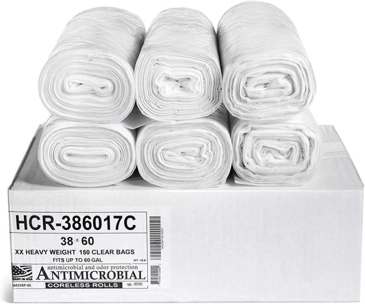 Aluf Plastics High Density Trash Bags, 60 Gallon, 150 Count, 17 Micron (eq), 38" x 60", Clear, for Bathroom, Office, Industrial, Commercial, Janitorial, Municipal, Recycling