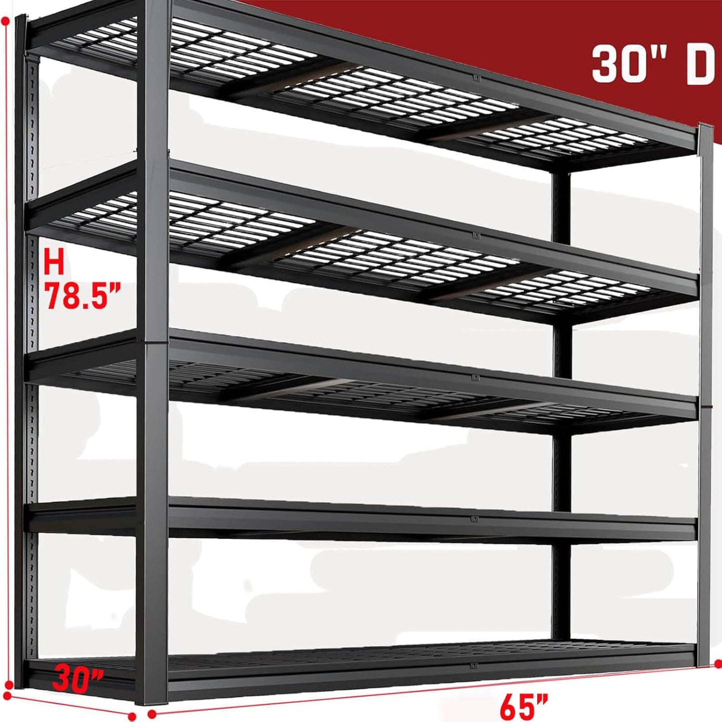 65" W Garage Shelving Heavy Duty, 5 Tier Garage Shelves, 30" D Adjustable Storage Shelving Unit, Commercial Metal Shelf for Warehouse, Pantry, School, Shop, 68" Wx30 Dx79 H