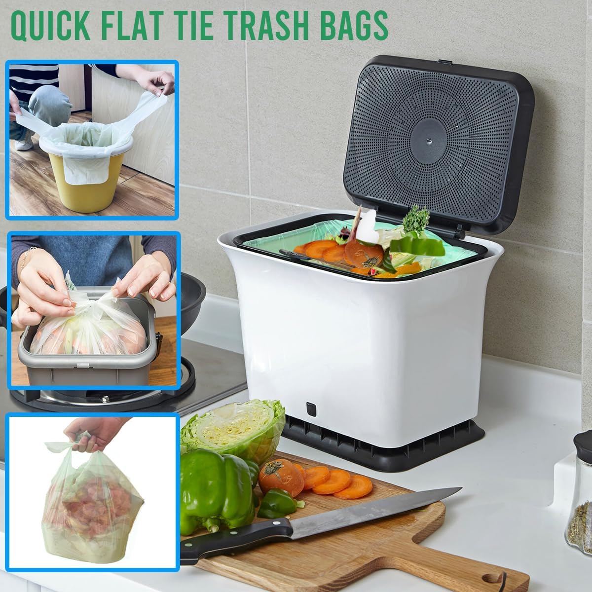 1-2 Gallon Flap Tie Compostable Trash Bags, 120 Count Small Compost Bags, Biodegradable Kitchen Garbage Bags, Food Scrap Waste Bags for Countertop Bin, ASTM D6400, US BPI Certified